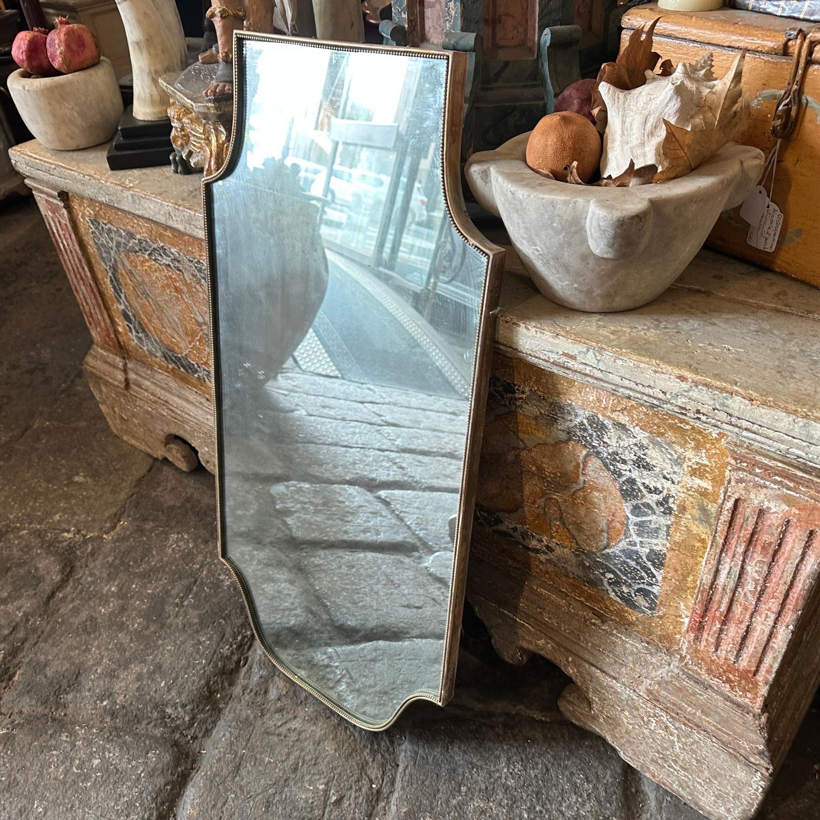 1960s Gio Ponti Style Mid Century Modern Brass Shield Italian Wall Mirrror photo 1702.0