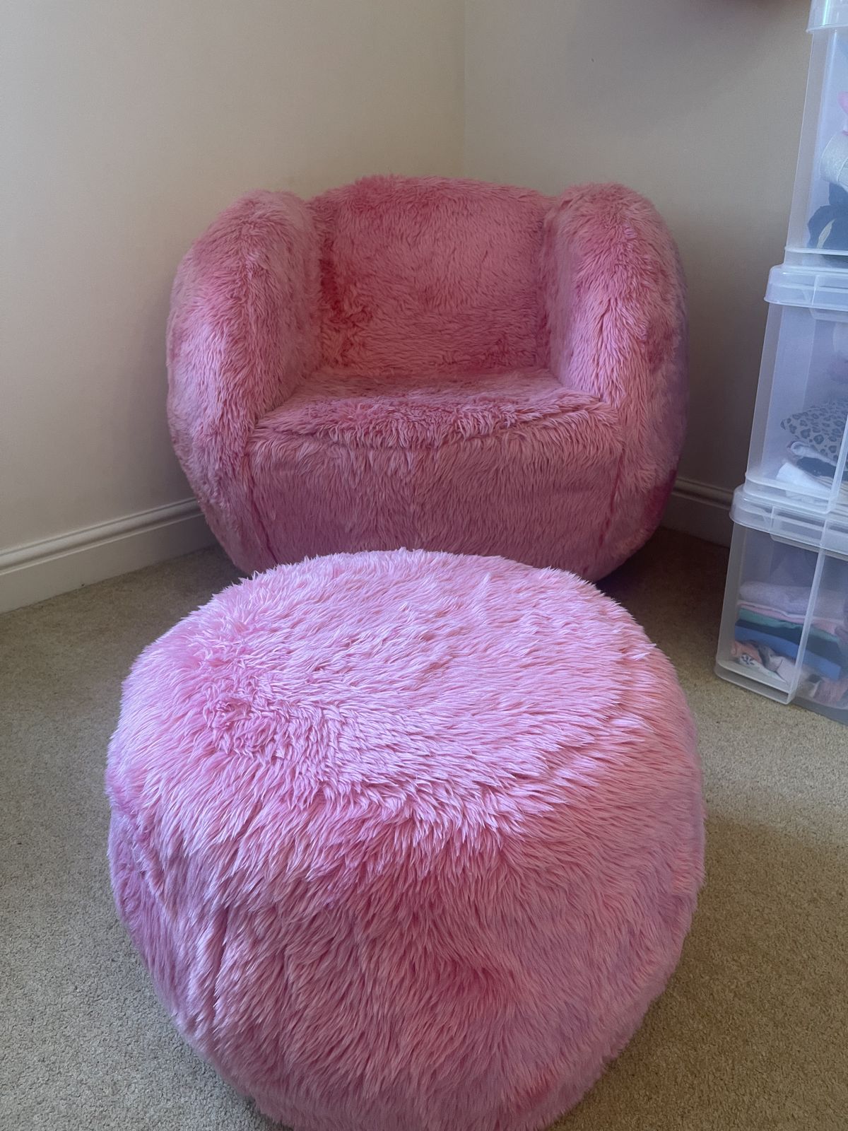Large Pink Fluffy Faux Fur Swivel Chair And Coordinating Foot Stool photo for sale