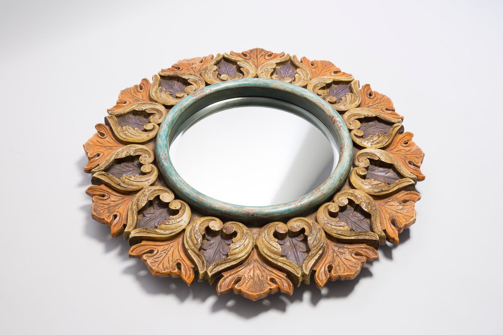 Midcentury Big Decorative Flowers Wood Original Glass Mirror, Italy, 1960s photo vintage