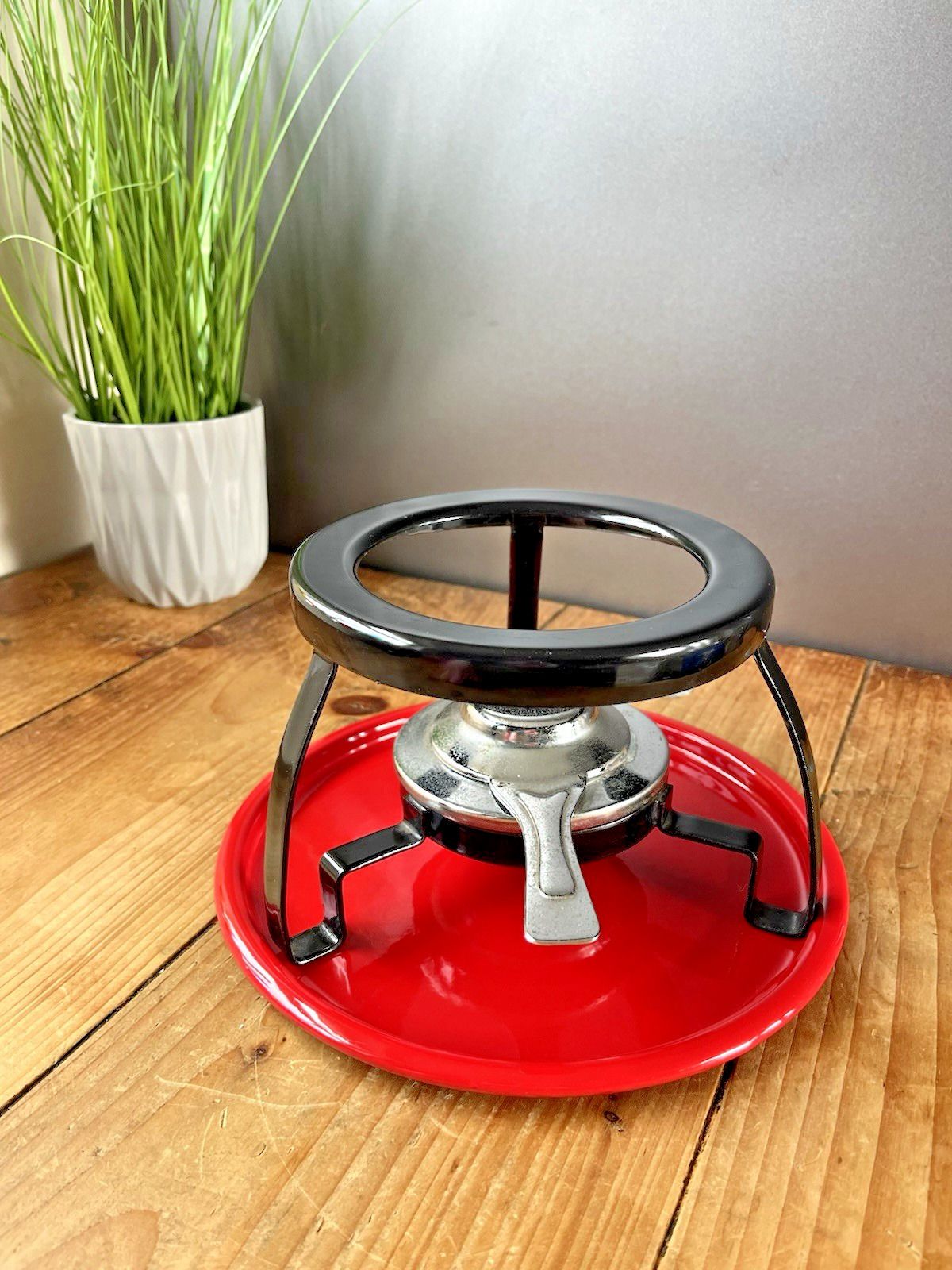 Mid Century 60's Scandinavian Style Dutch Red Floral Enamel Fondue Set & Burner photo Home Fixtures