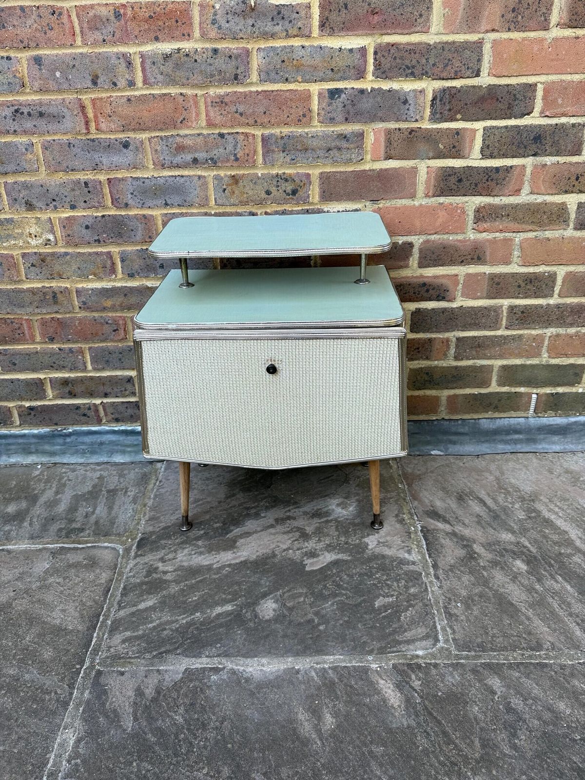 Rare Mid Century Bedside Cupboard, Super Retro Style With Woven Detail, Chrome Effect And Tapered Legs