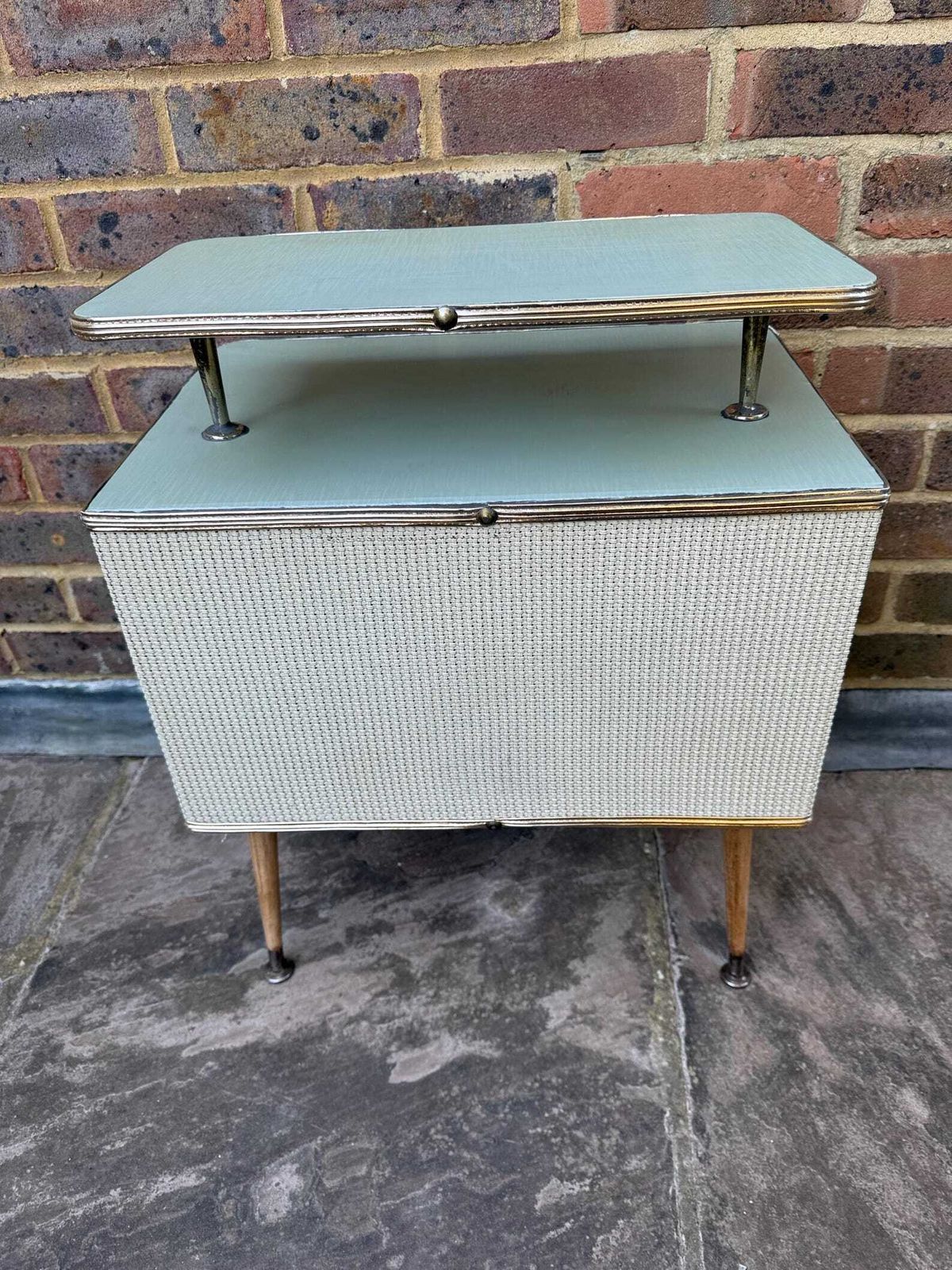 Rare Mid Century Bedside Cupboard, Super Retro Style With Woven Detail, Chrome Effect And Tapered Legs photo buy