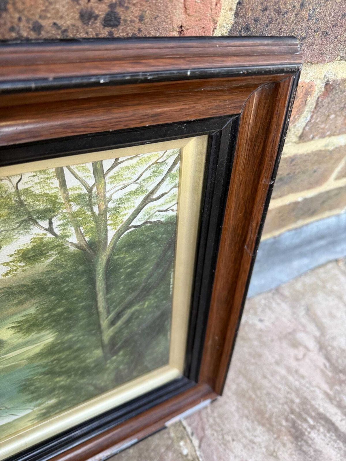 Early 1900s Landscape Painting In Stunning Vintage Wooden Gesso Glazed Frame photo vintage
