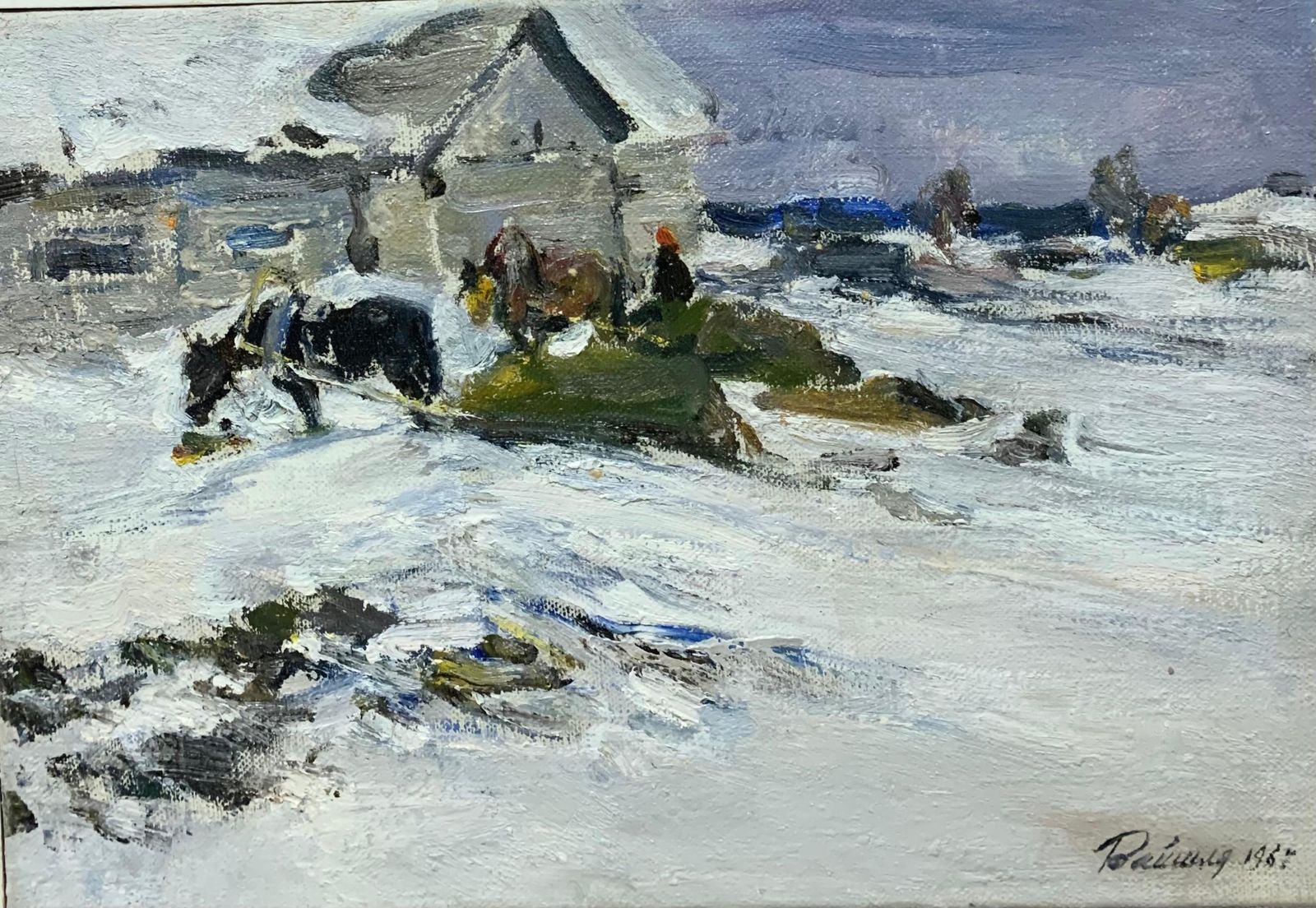 Leonid Vaichilia"Horses In The Yard" Oil 1967 Winter, Snow, White1967 photo furniture