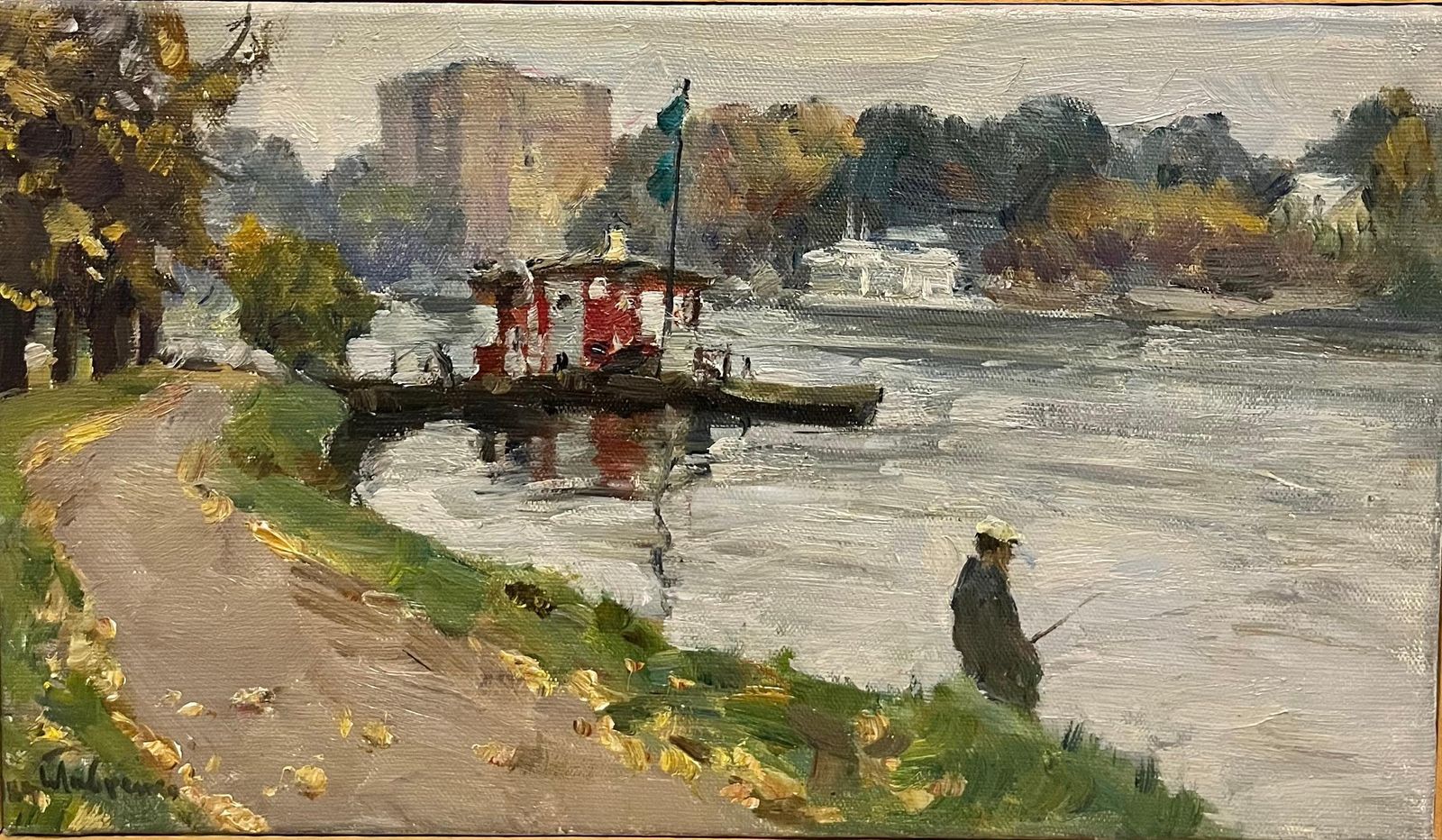 Boris Mikhailovich Lavrenko"On The River Bank A Fisherman ..." (Neiva, Russia) Oil Cm. 46 X 29 19801980 photo furniture