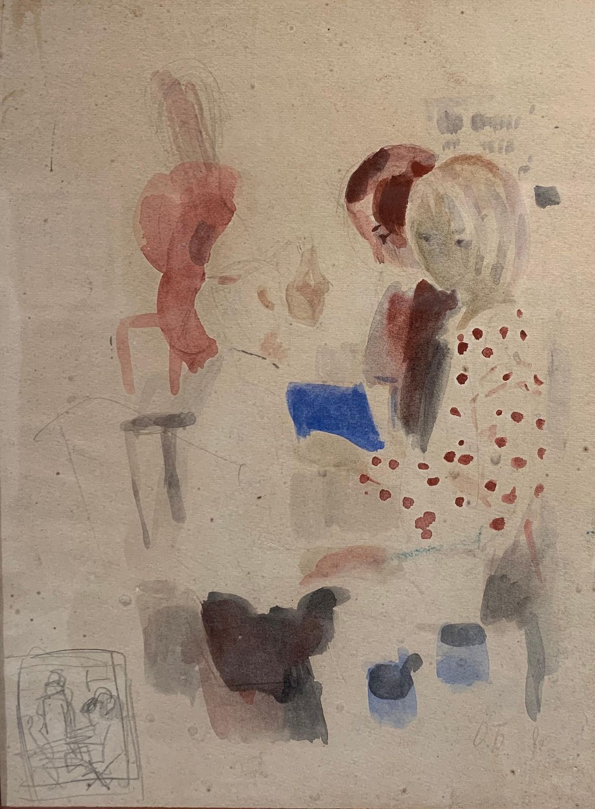 Olga Bogaevskaja"Children" Little Girl, Child, Red, Blue, Reading Cm. 31 X 24 1980 1980 photo furniture