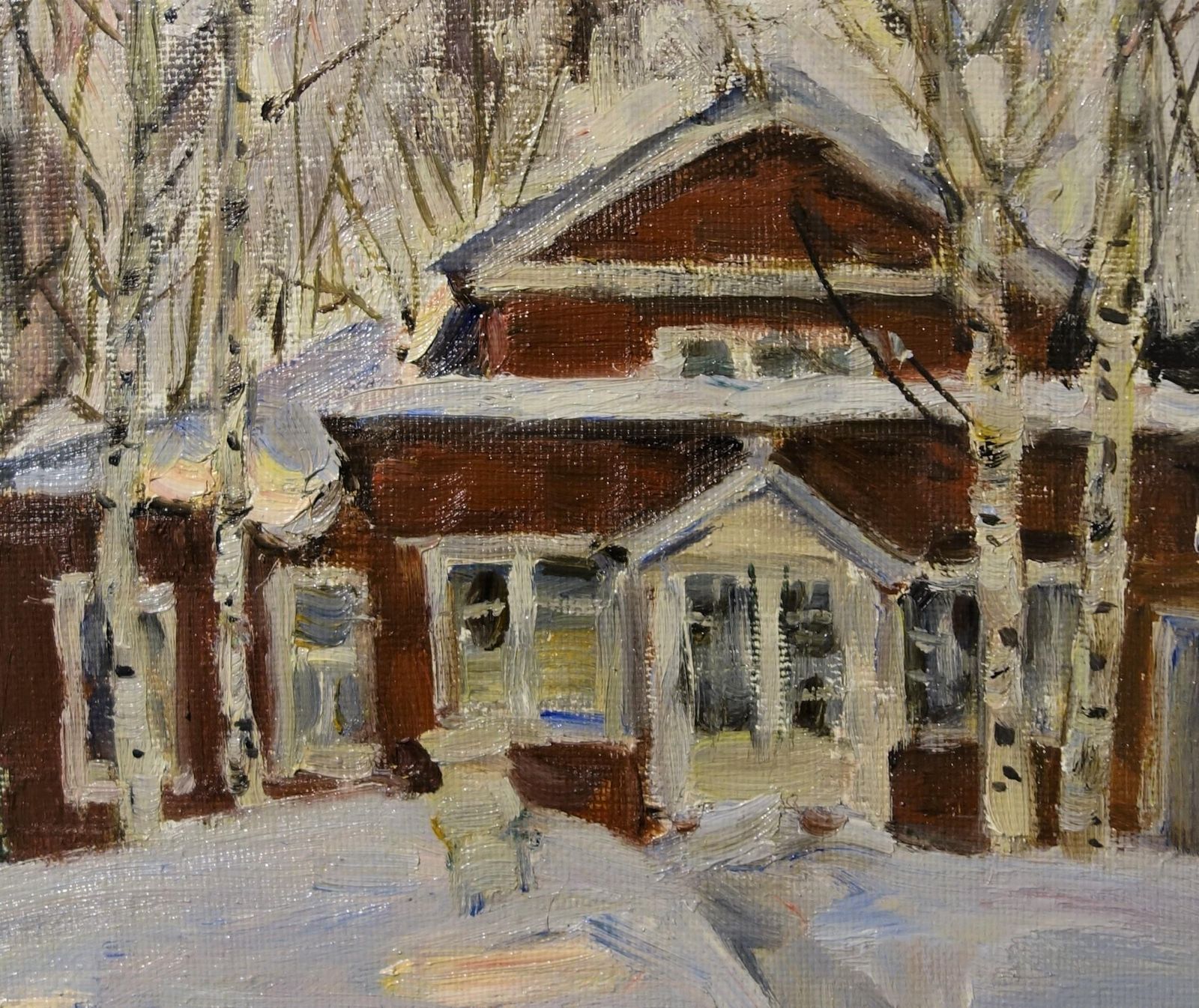 Boris Lavrenko"Red House" Snow, Forest, White, Red, Christmas, Oil  Cm. 34 X 43  19891989 photo for sale