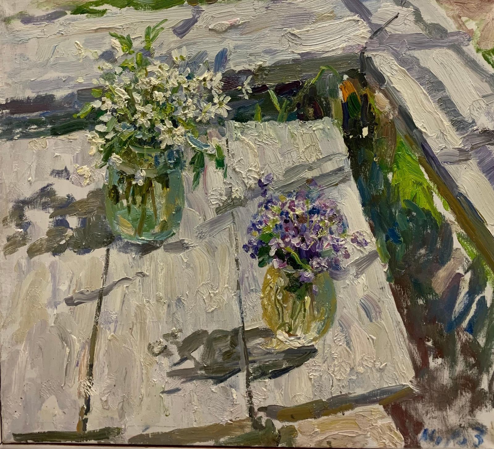 Georgij Moroz" First Spring Flo On The Table" Oil Cm. 52 X 47 Flowers, Viola, Violette, White2000 photo furniture