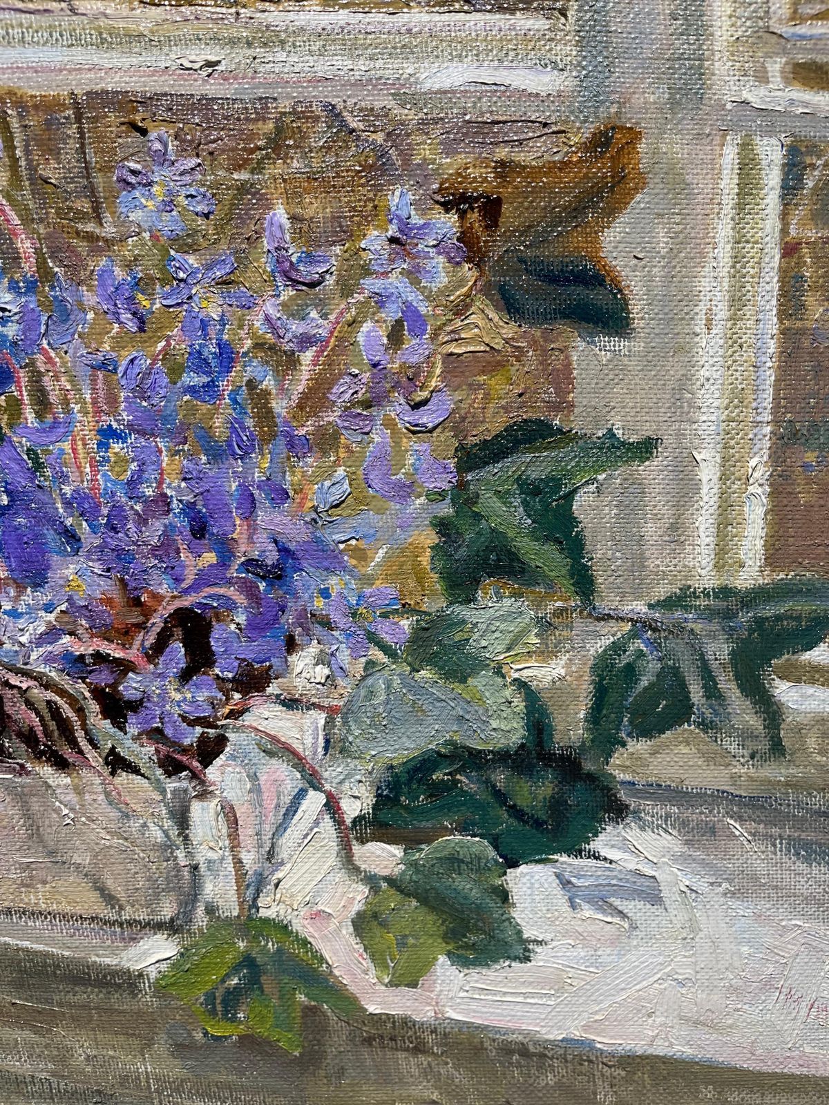 Maya Kopitzeva"Snowdrop"Flowers , Window , Violet, Violets Oil Cm.  55 X 55 1998 photo Art