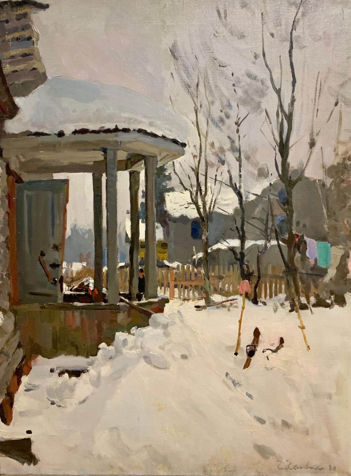 Gleb Savinov Dacha In Winter Oil Cm. 61 X 80 1980 Skis  White  Snow 1980 photo furniture