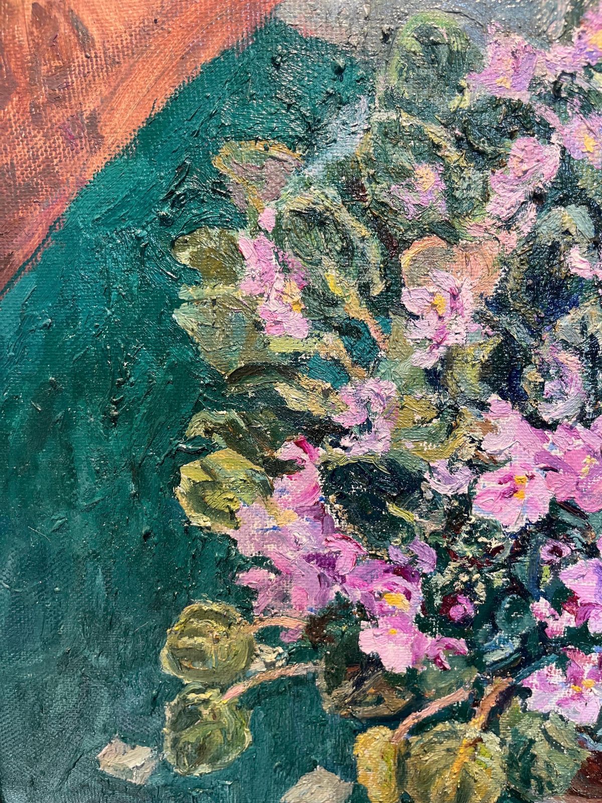 Maya Kopitzeva" Violets On A Green Tablecloth" Oil Cm. 70 X 60 photo 7000.0