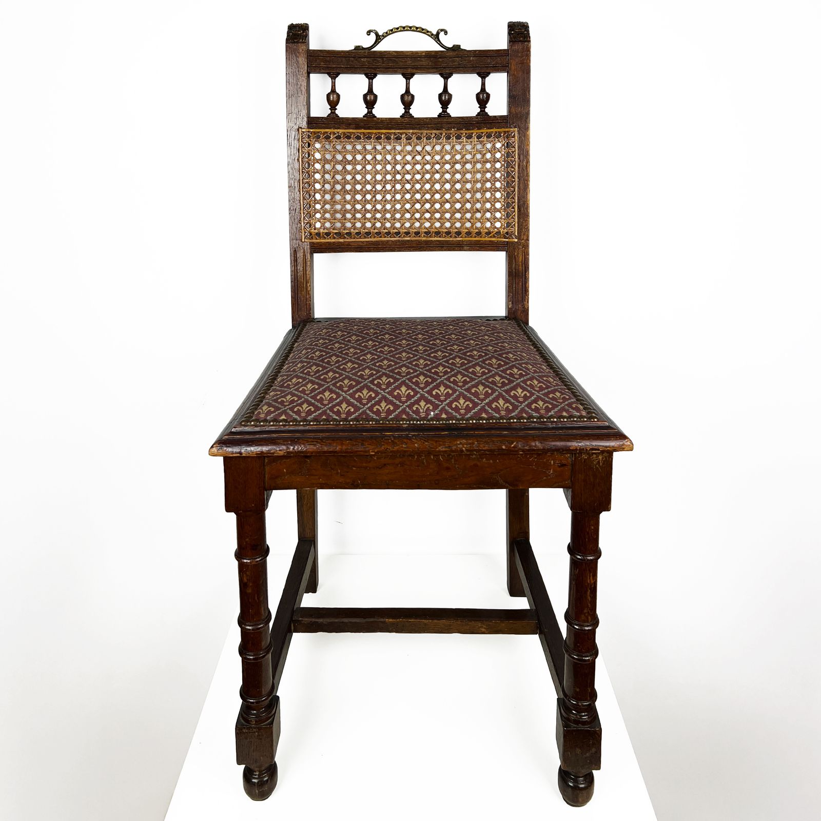 Antique Henry II Oak Chair, Rattan Carved Wood Side Chair