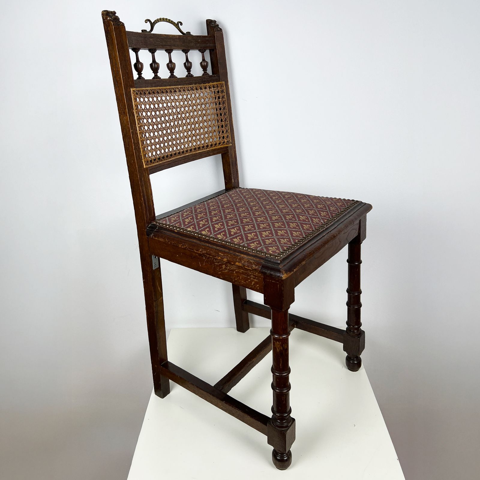 Antique Henry II Oak Chair, Rattan Carved Wood Side Chair photo for sale