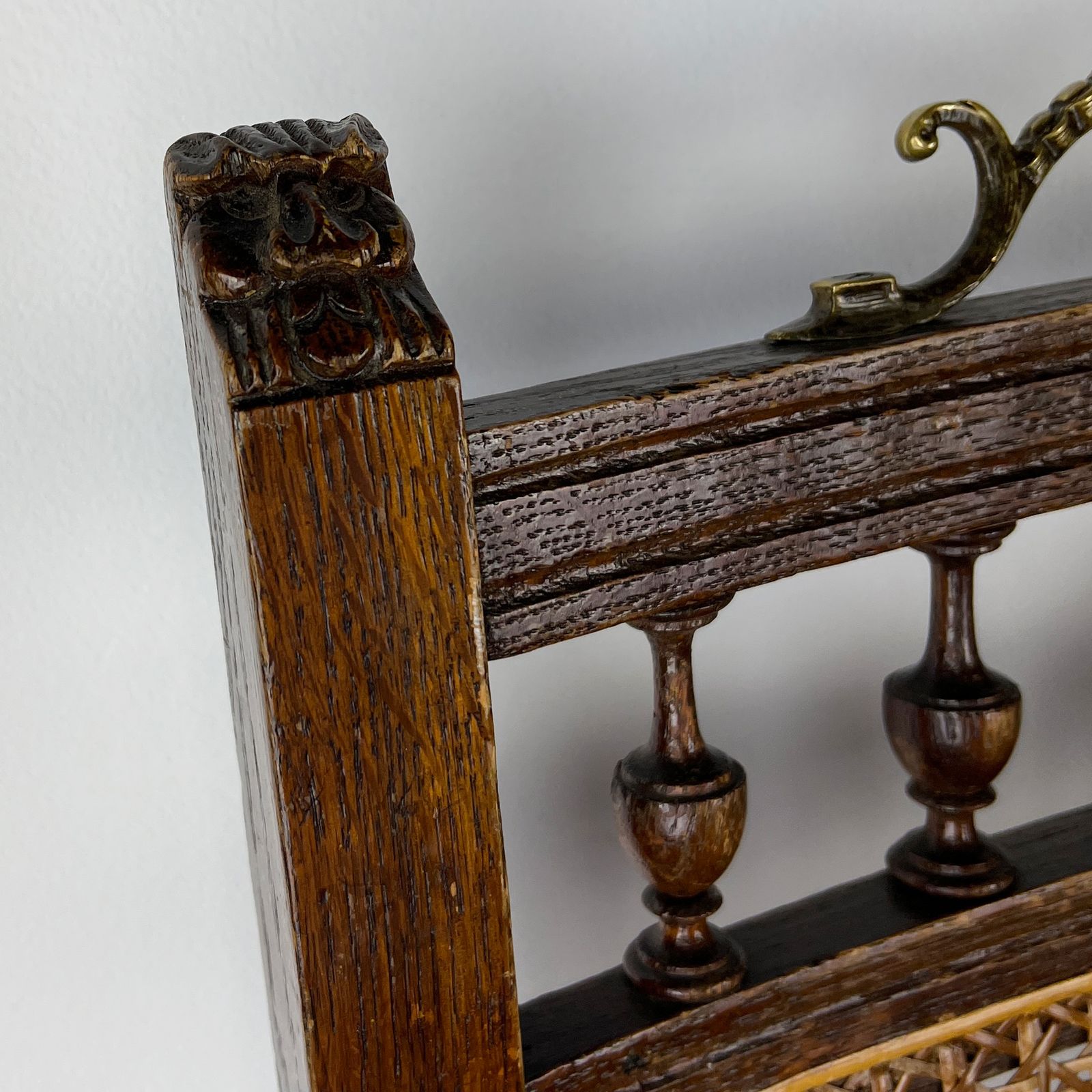 photo for sale Antique Henry II Oak Chair, Rattan Carved Wood Side Chair