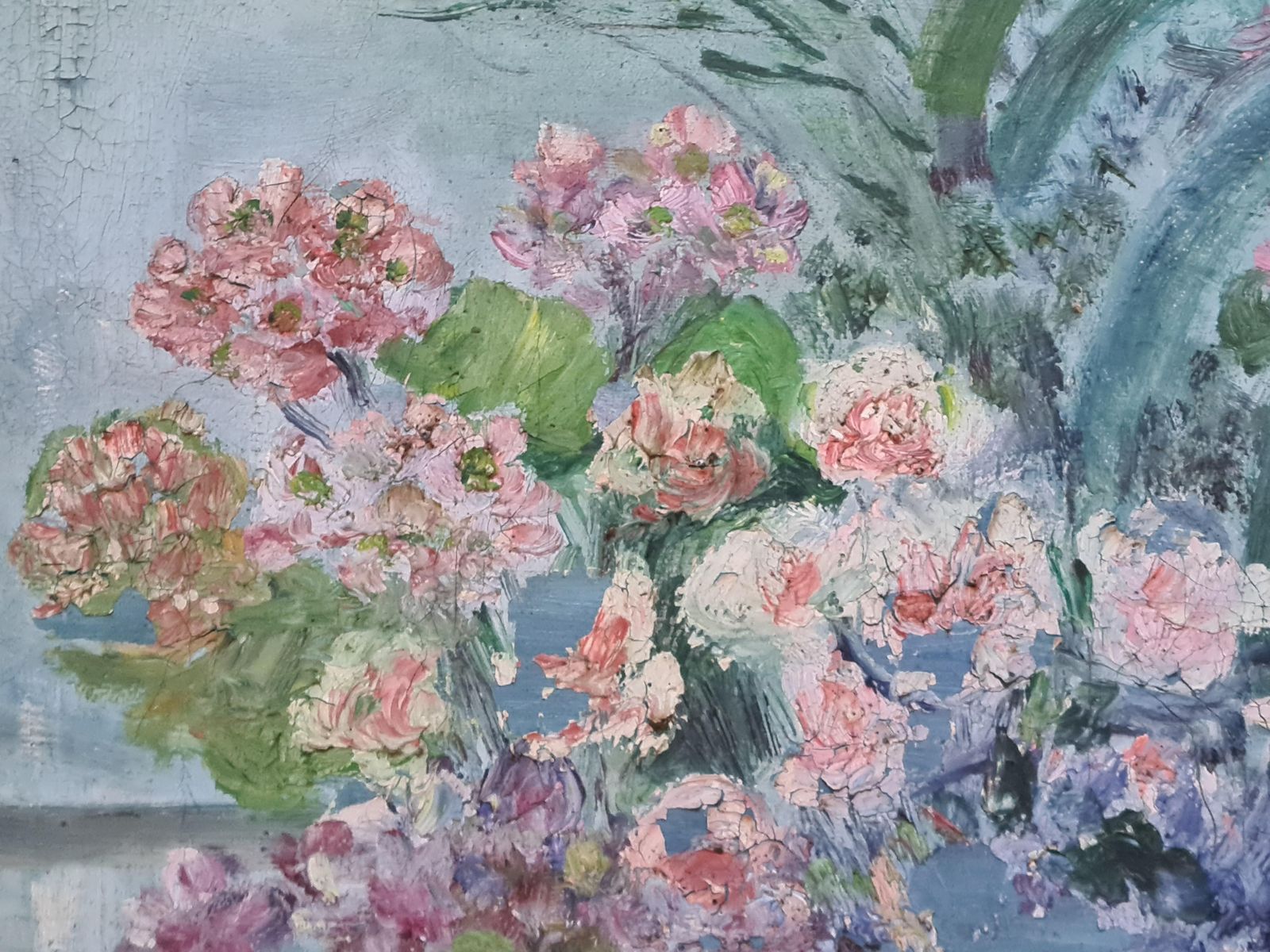 June Fortanfrench Impressionist Interior View, Floral Abundance, View From A Window. Oil.1950s photo for sale