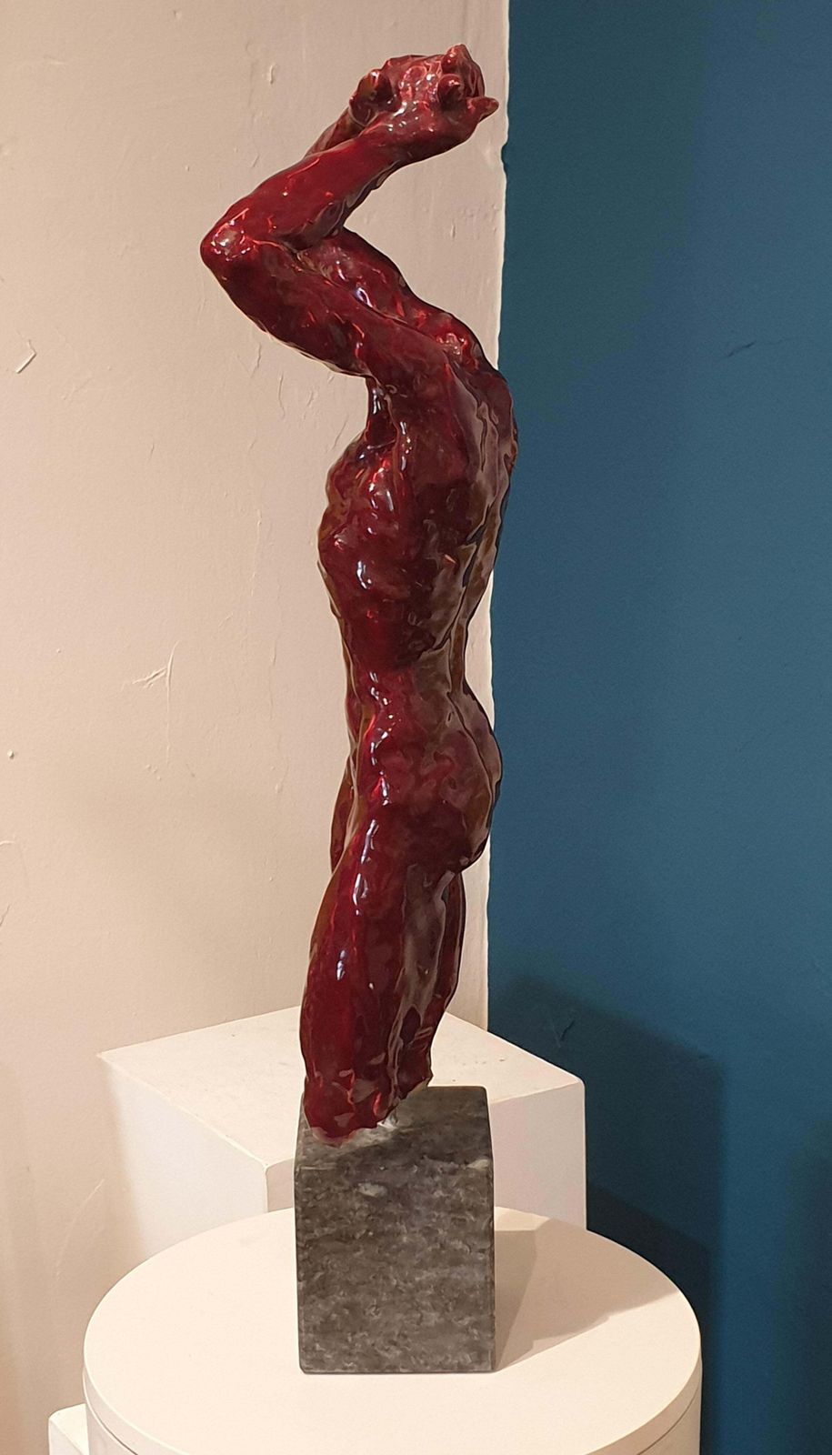 Mid Century Nude Male Acephale Sang De Boeuf Ceramic Sculpture With Marble Base. photo for sale