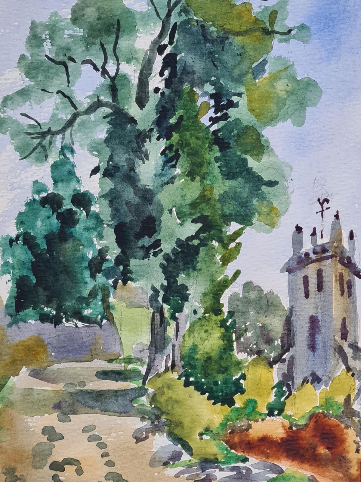 Henri Clamen1930s French Barbizon School Watercolour Of A Church In A Lansdscape. photo Art