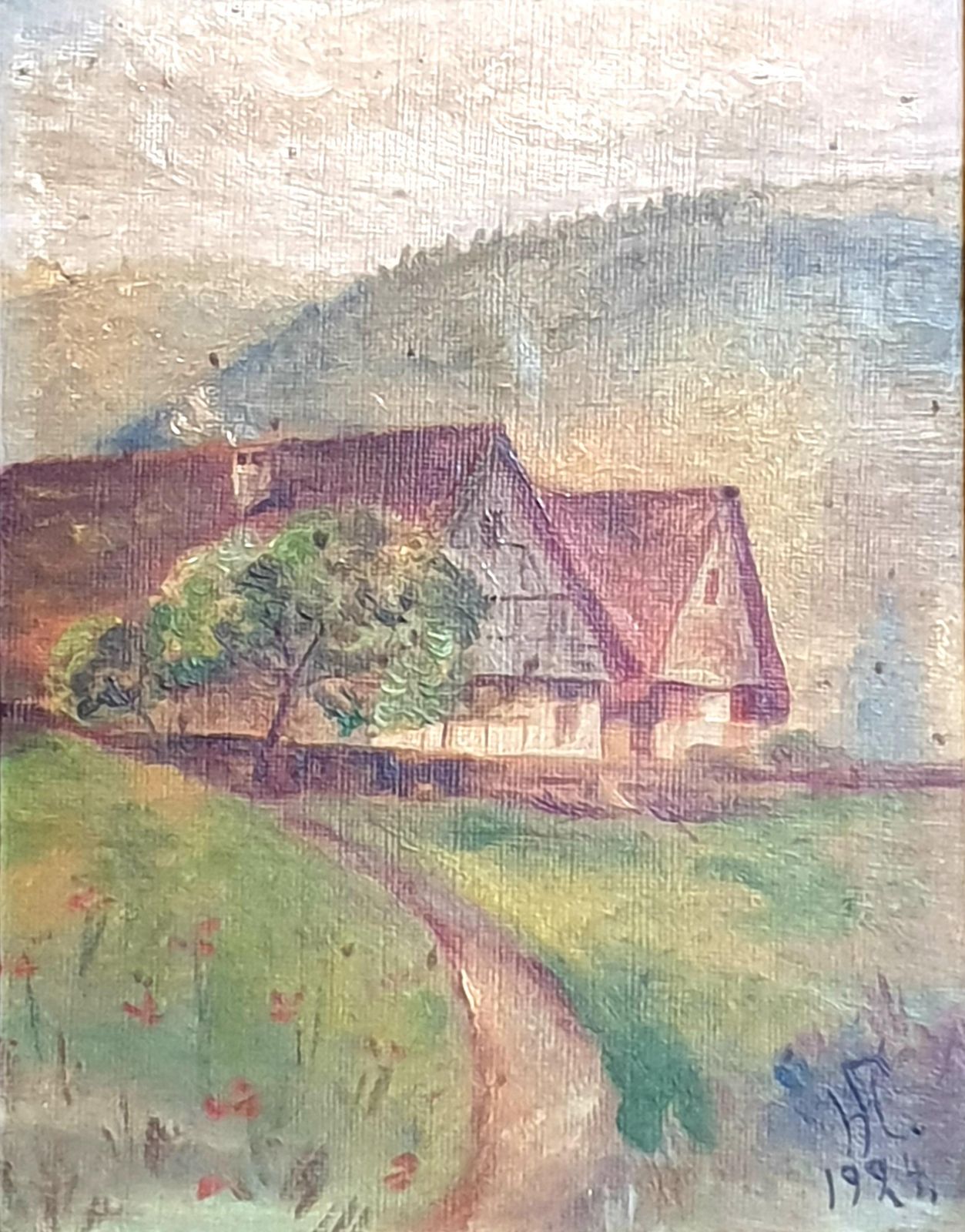 Unknownearly 20th Century Folk Art Impressionist Oil On Board, 'View To The Farmhouse'.1926 photo furniture