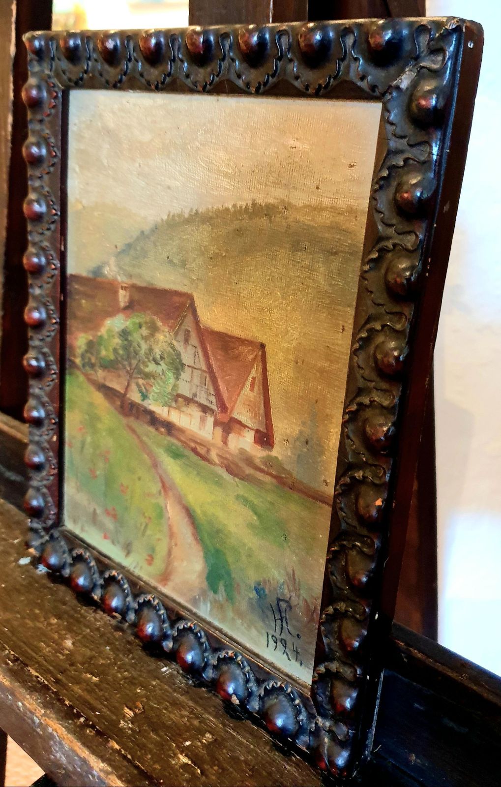 357.0 Unknownearly 20th Century Folk Art Impressionist Oil On Board, 'View To The Farmhouse'.1926 photo