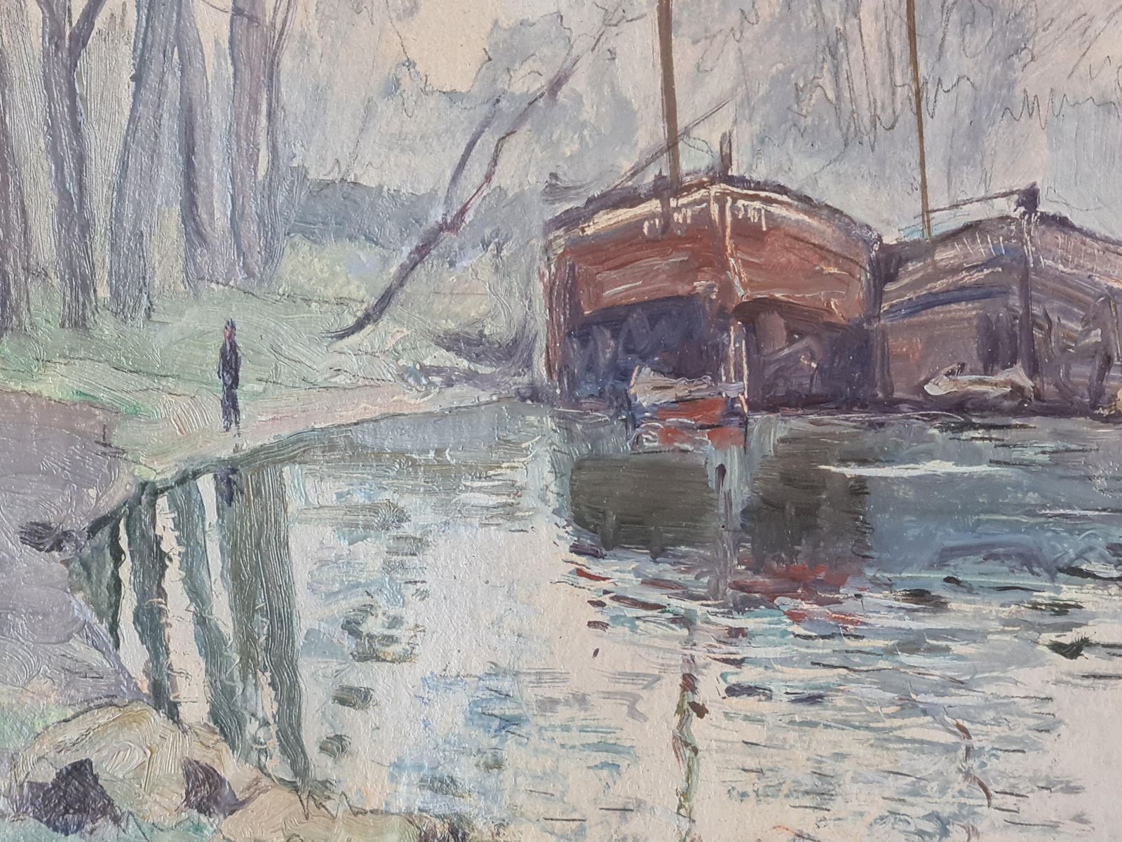 Georges Planesfrench Watercolor And Oil On Board Impressionist Painting, The River Barges.1930s photo vinterior