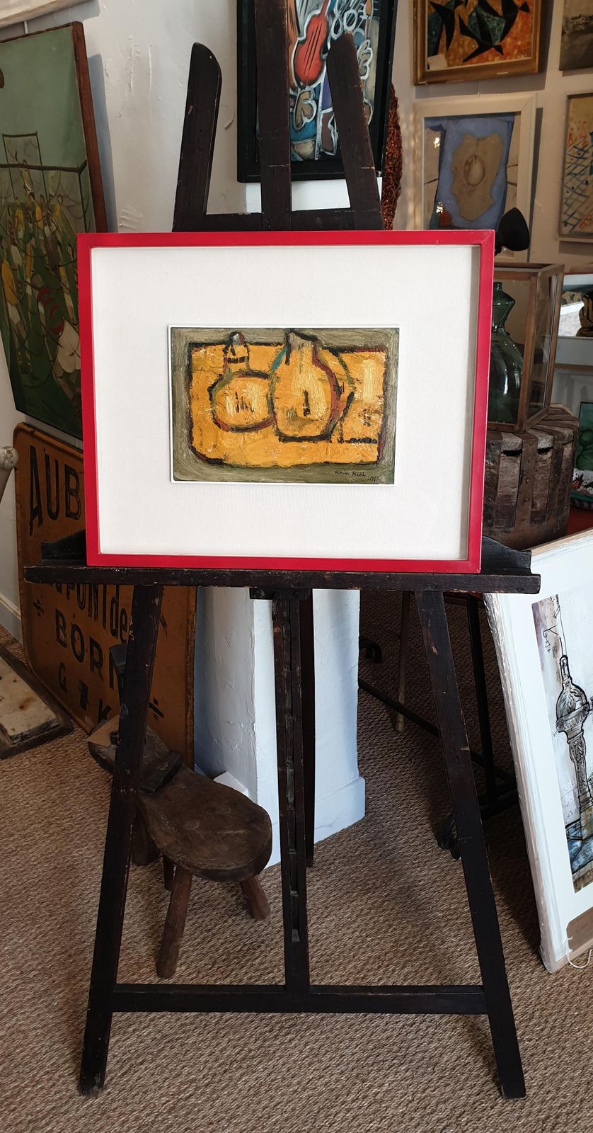 Art Matilde Sacchimid Century Tablescape In Orange. Oil On Canvas On Board.1969 photo