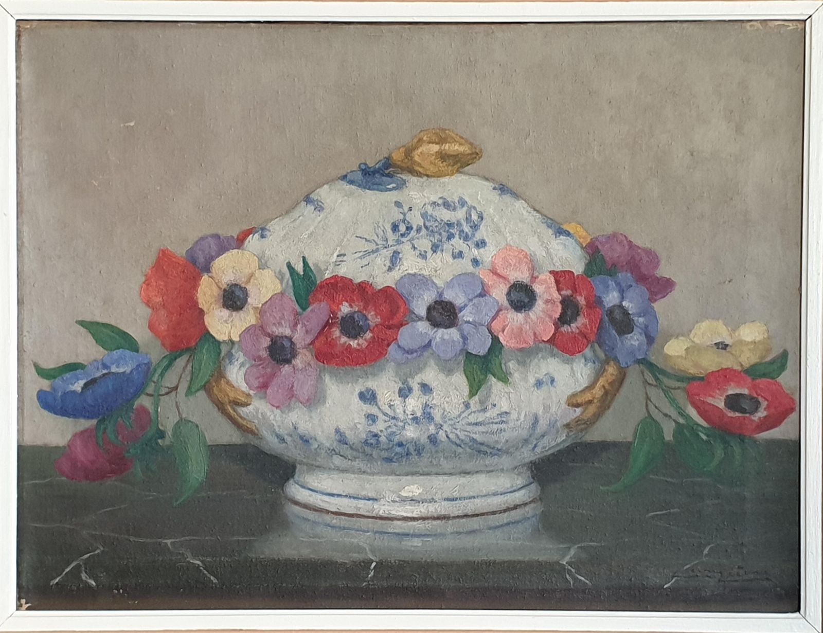 Unknown French Impressionist Still Life, Oil On Board, 'Flowers And Faïance'. photo furniture