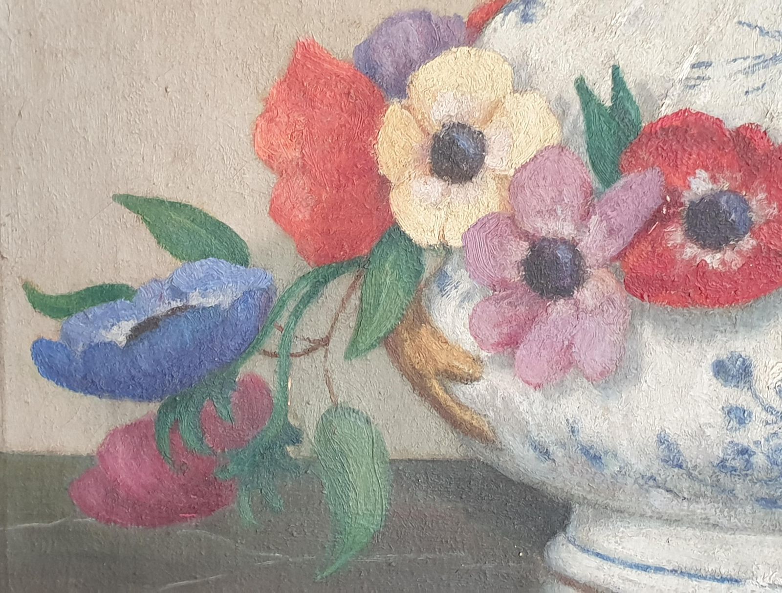 Art Unknown French Impressionist Still Life, Oil On Board, 'Flowers And Faïance'. photo