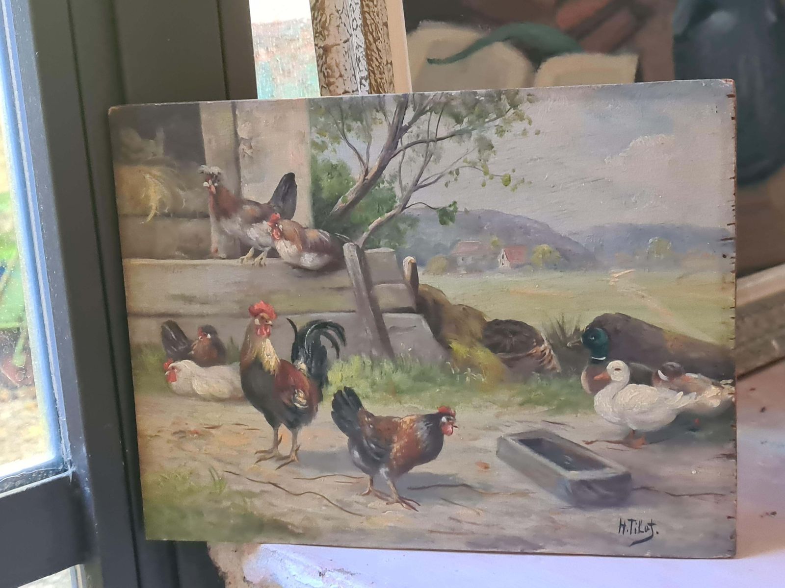 H Tikatfrench Oil On Panel Rural Landscape, Chickens And Ducks In A Farmyard.1920s photo for sale