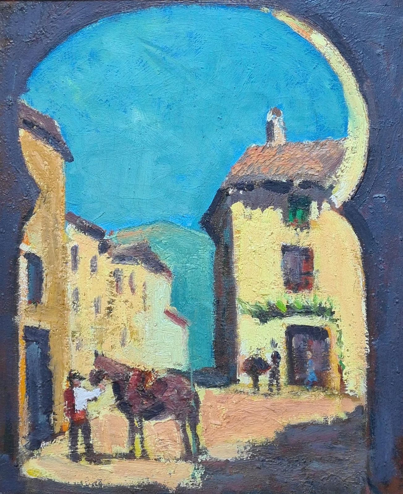 Louis Léo Hourdille French Mid Century Oil On Canvas. 'Arco De Zocodover' In Toledo, Spain.1950s photo furniture