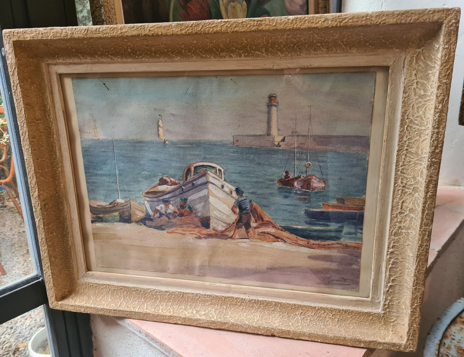 Girardmarine Scene, French Breton Watercolour, The Fishing Nets