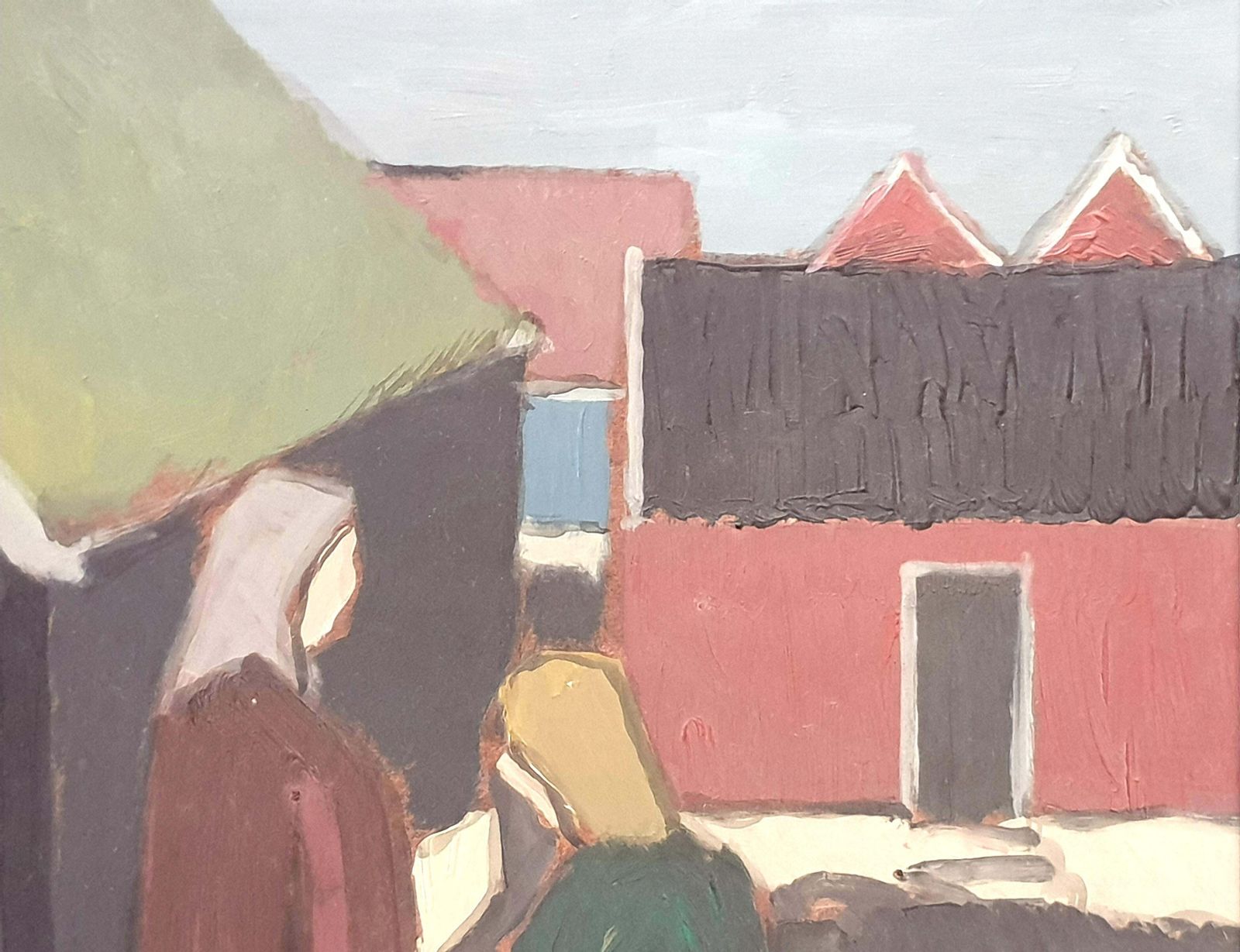 photo furniture Poul Møllerdanish Mid Century Colourfield Oil On Board Of People And Houses By The Coast.1976