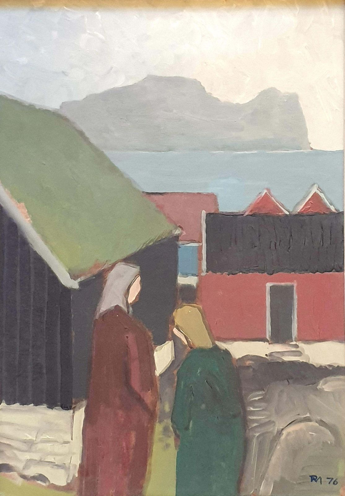 Art Poul Møllerdanish Mid Century Colourfield Oil On Board Of People And Houses By The Coast.1976 photo