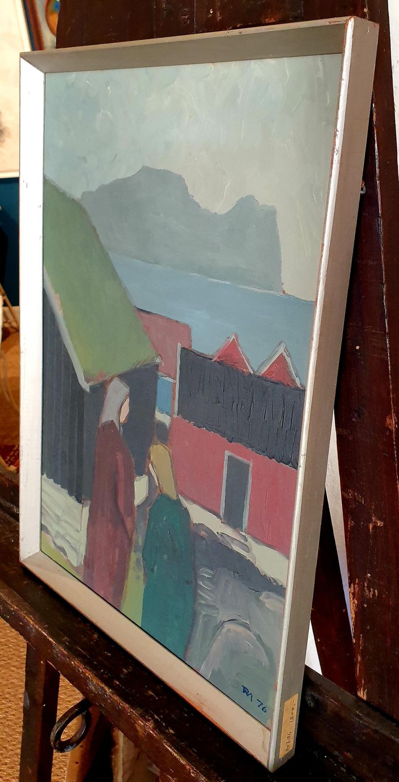 731.0 Poul Møllerdanish Mid Century Colourfield Oil On Board Of People And Houses By The Coast.1976 photo