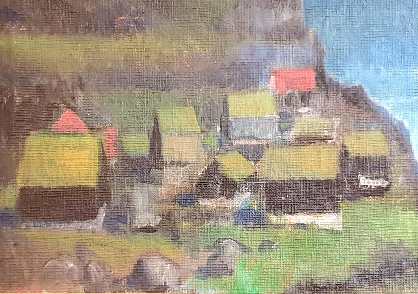 Poul Møller Danish Mid Century Colourfield Oil On Board Of Houses In A Coastal Scene.1976 photo for sale