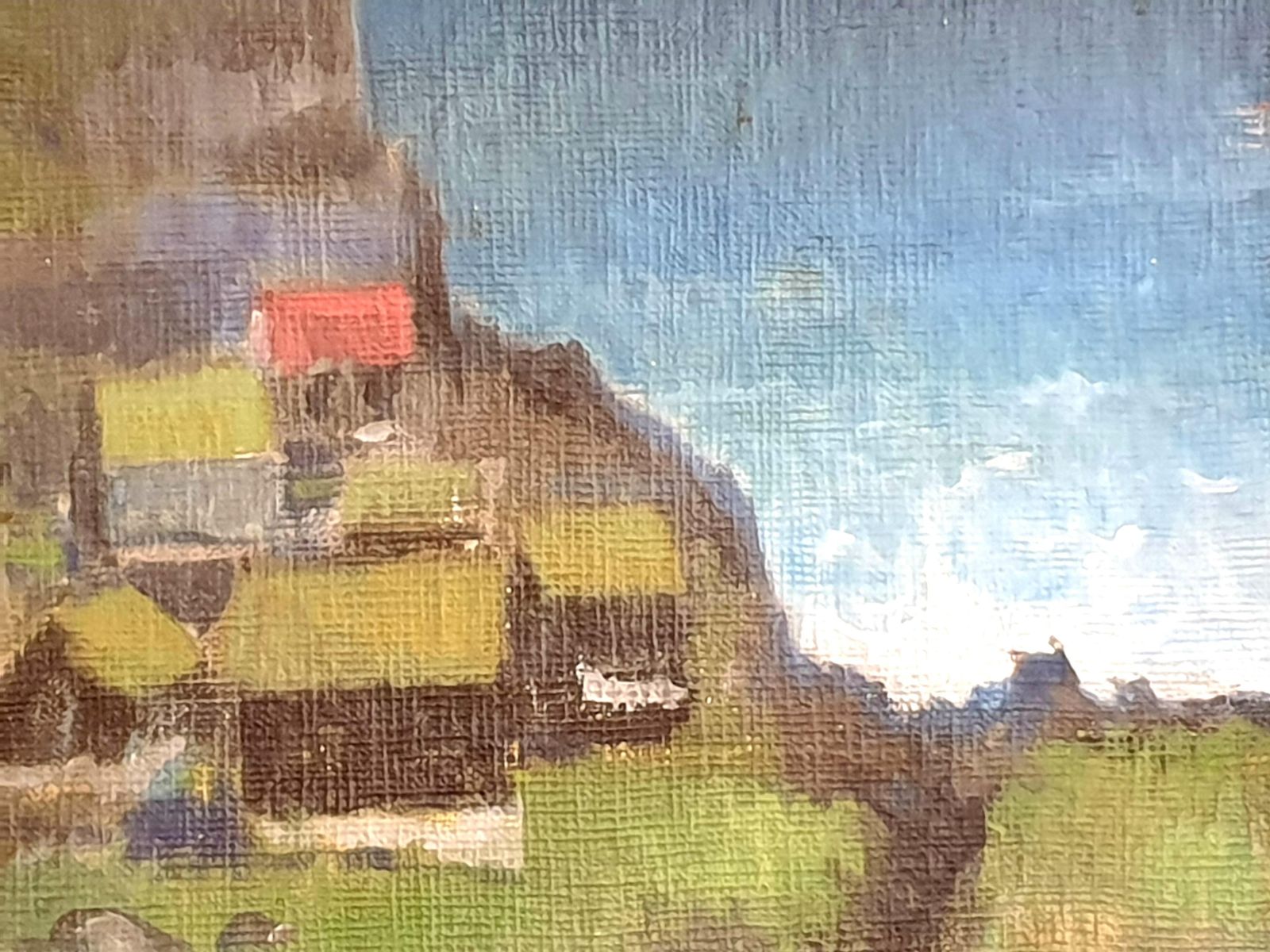 photo for sale Poul Møller Danish Mid Century Colourfield Oil On Board Of Houses In A Coastal Scene.1976