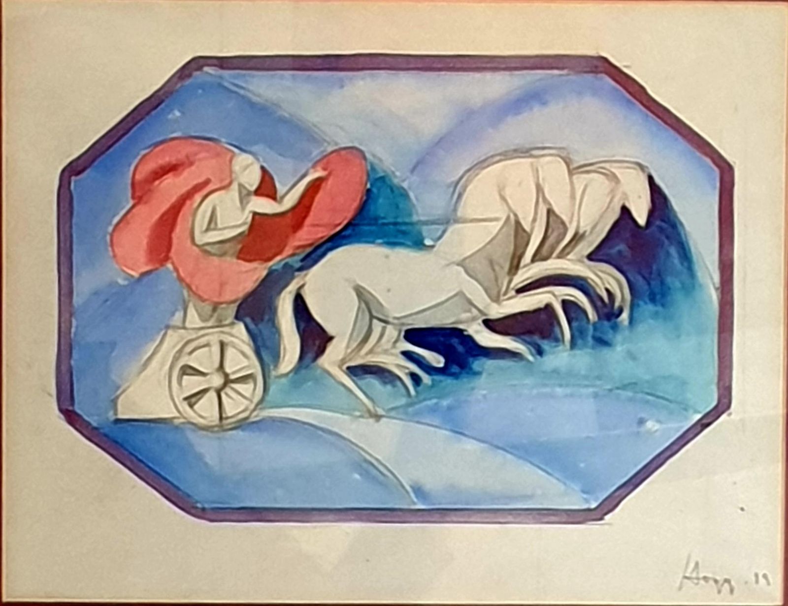 Paul Hoggart Nouveau Watercolour On Paper, Classical Chariot And Horses.1919 photo for sale