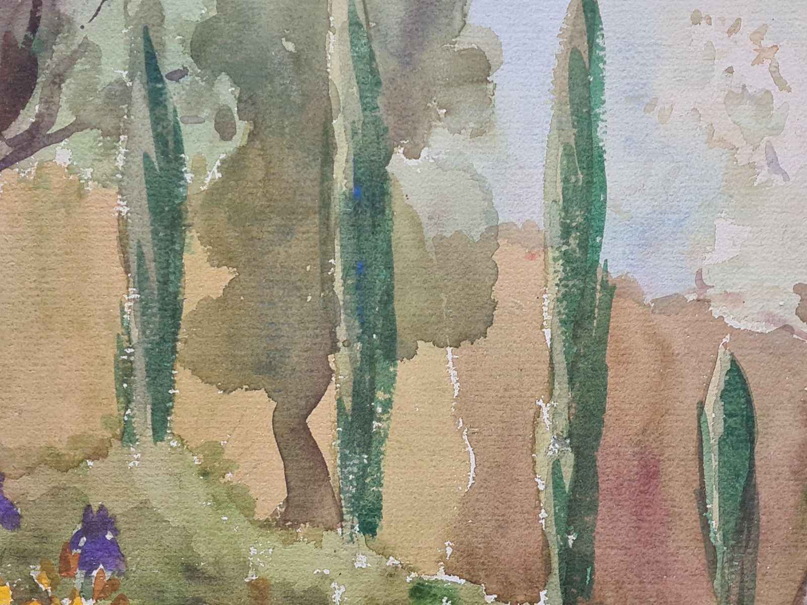 Songapair Of Impressionist Mediterranean Garden Views. Gouache & Watercolor On Paper photo vintage