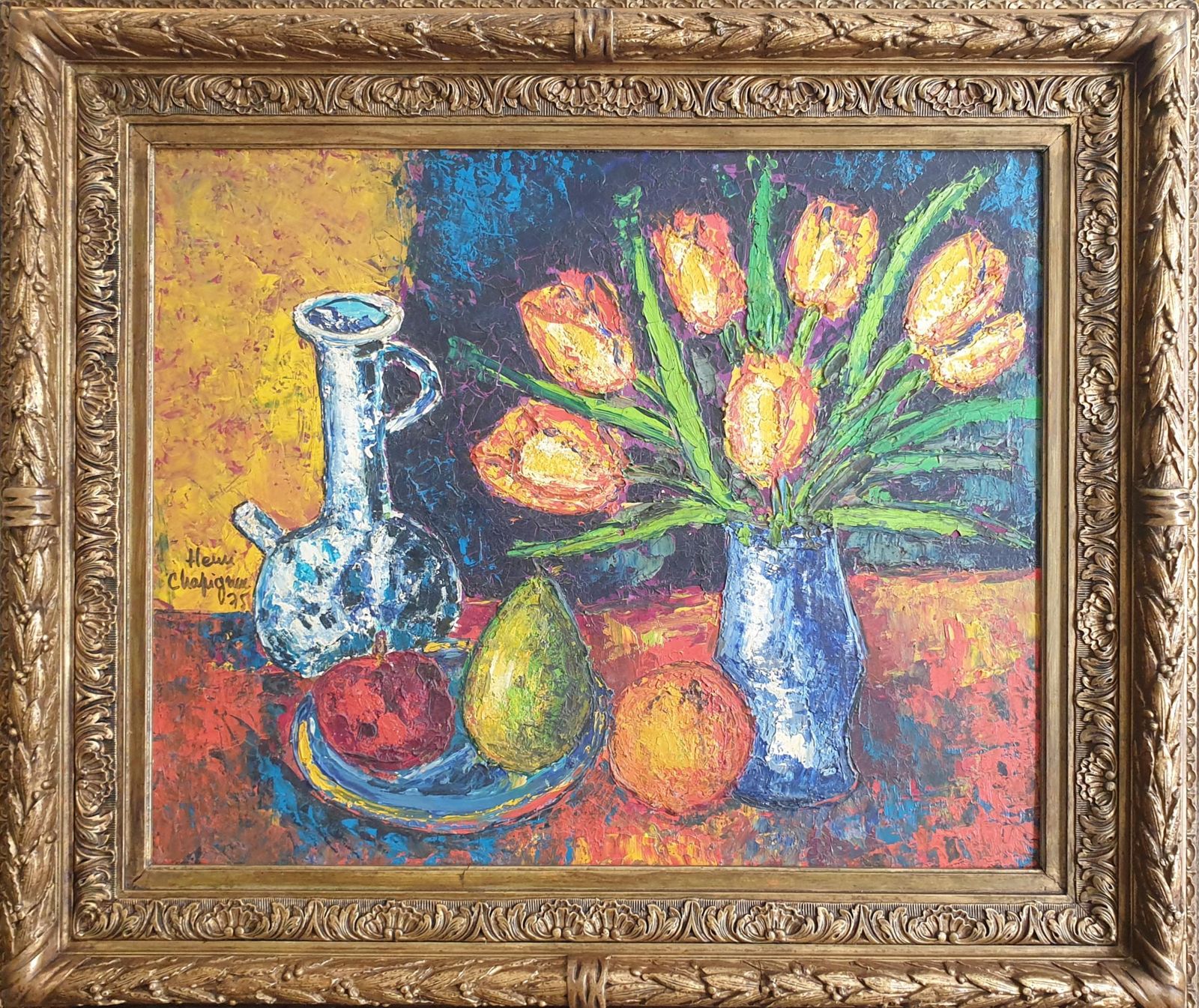 Henri Chapignuecolourful French Oil On Board Tablescape. Tulips, Carafe And Three Fruits. 1975