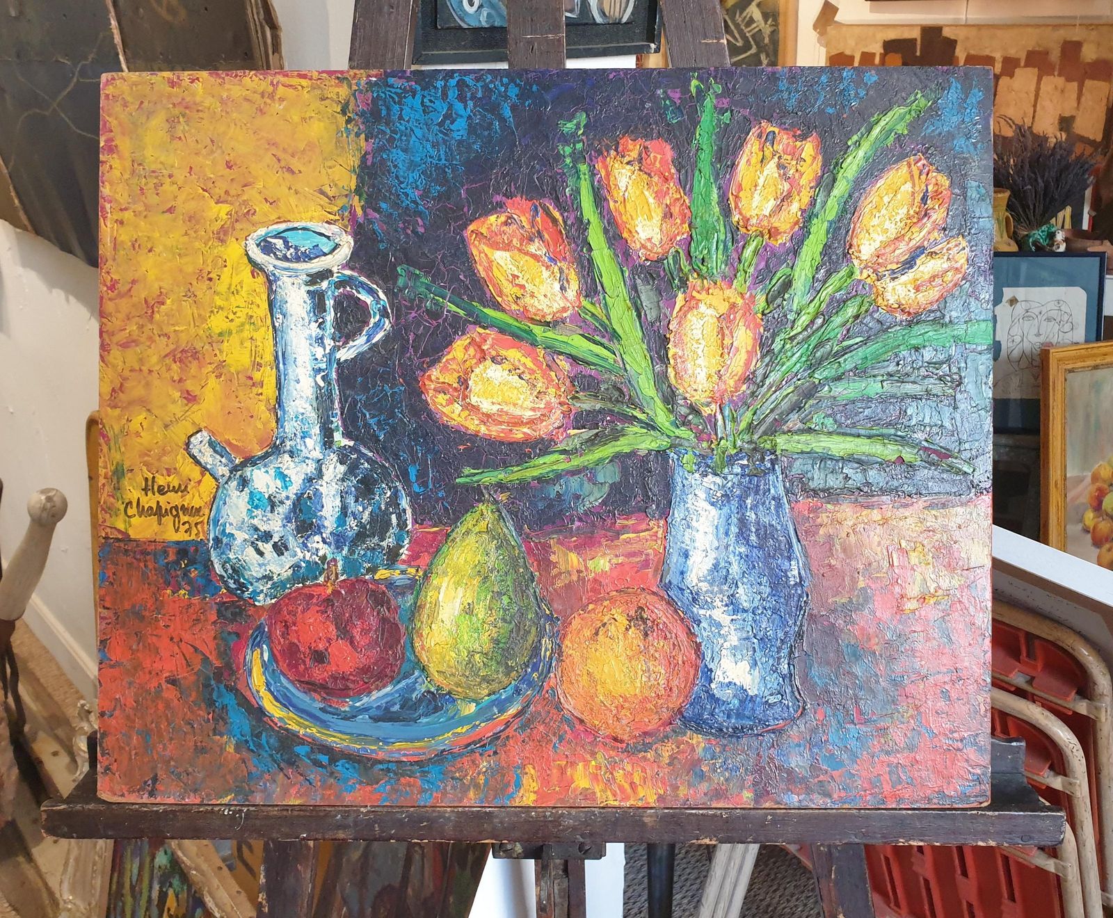 Henri Chapignuecolourful French Oil On Board Tablescape. Tulips, Carafe And Three Fruits. 1975 photo vintage