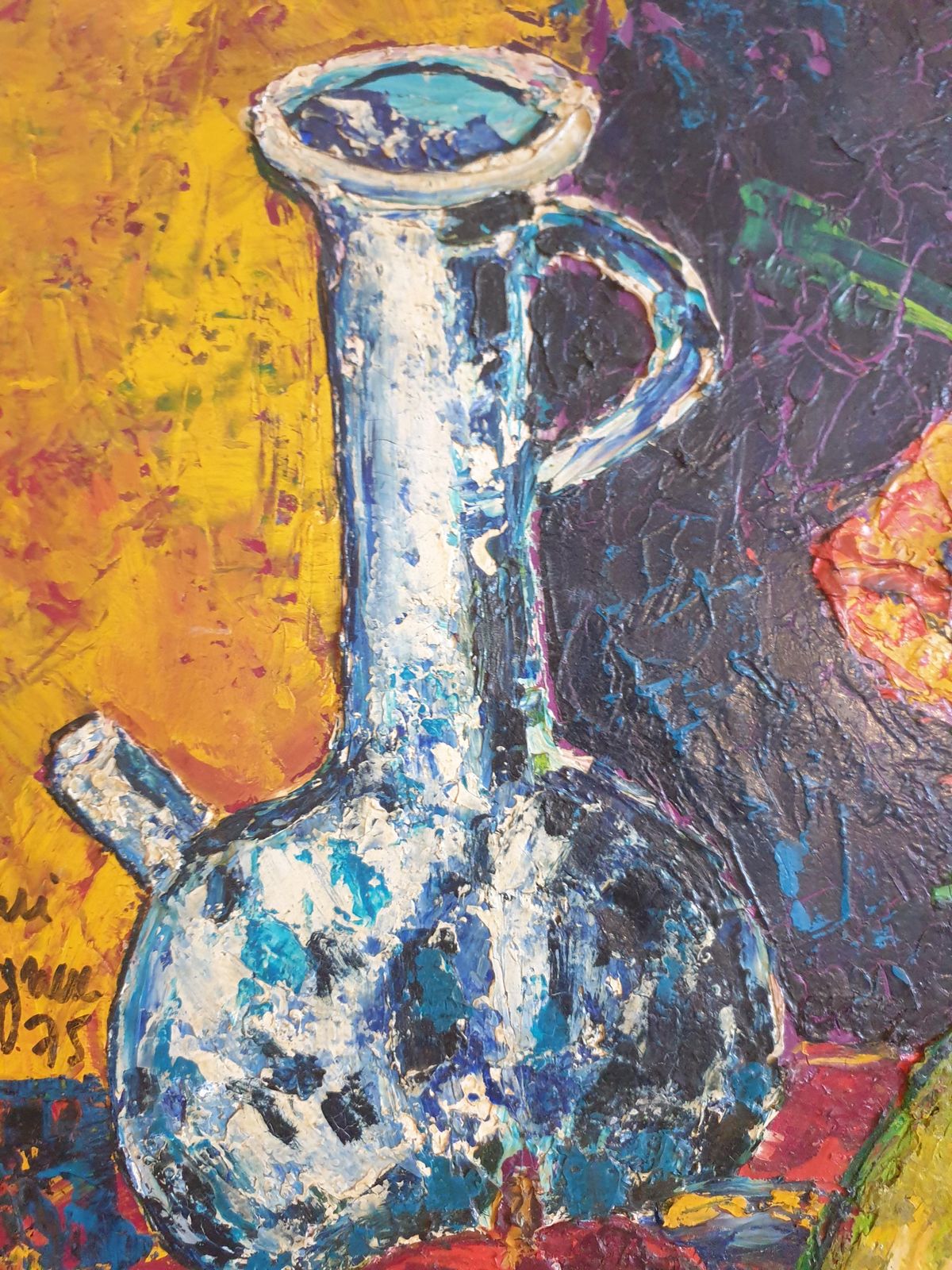 photo for sale Henri Chapignuecolourful French Oil On Board Tablescape. Tulips, Carafe And Three Fruits. 1975