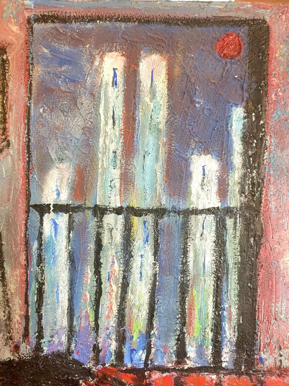 Large Expressionist Oil On Canvas, Apartment Interior And Cityscape. Oil. photo 2041.0