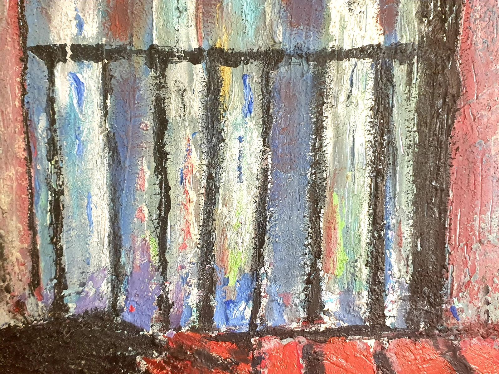 Large Expressionist Oil On Canvas, Apartment Interior And Cityscape. Oil. photo vintage