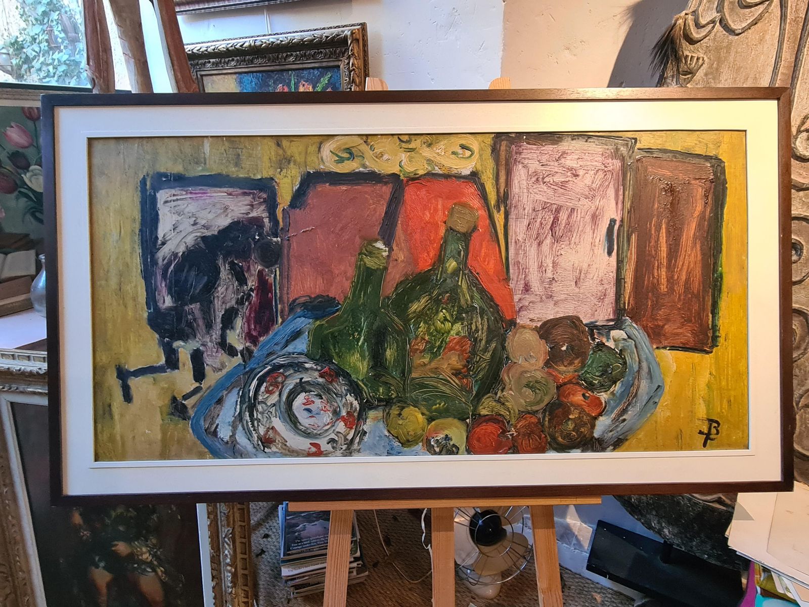 2976.0 Betty Walters Flashtiglarge Mid Century Colourful Oil Of Still Life With Bottles, Fruit And Charger photo