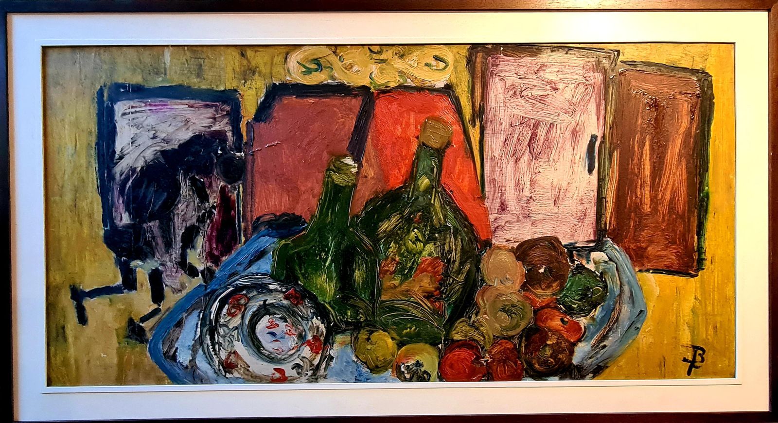 photo vinterior Betty Walters Flashtiglarge Mid Century Colourful Oil Of Still Life With Bottles, Fruit And Charger