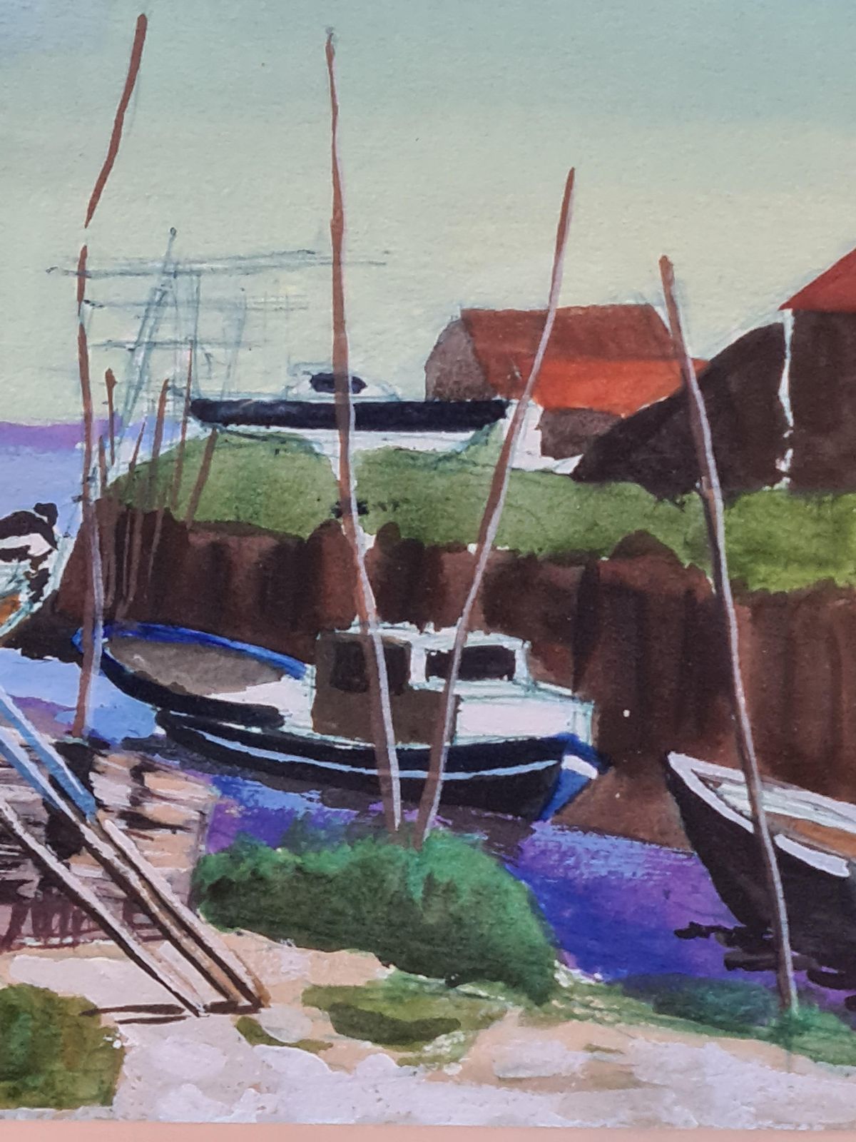 Boats In Harbour, Looking Out To The Sea, Colourful French Watercolour, The Port From 1989 By Jean Paul Claveau photo Art