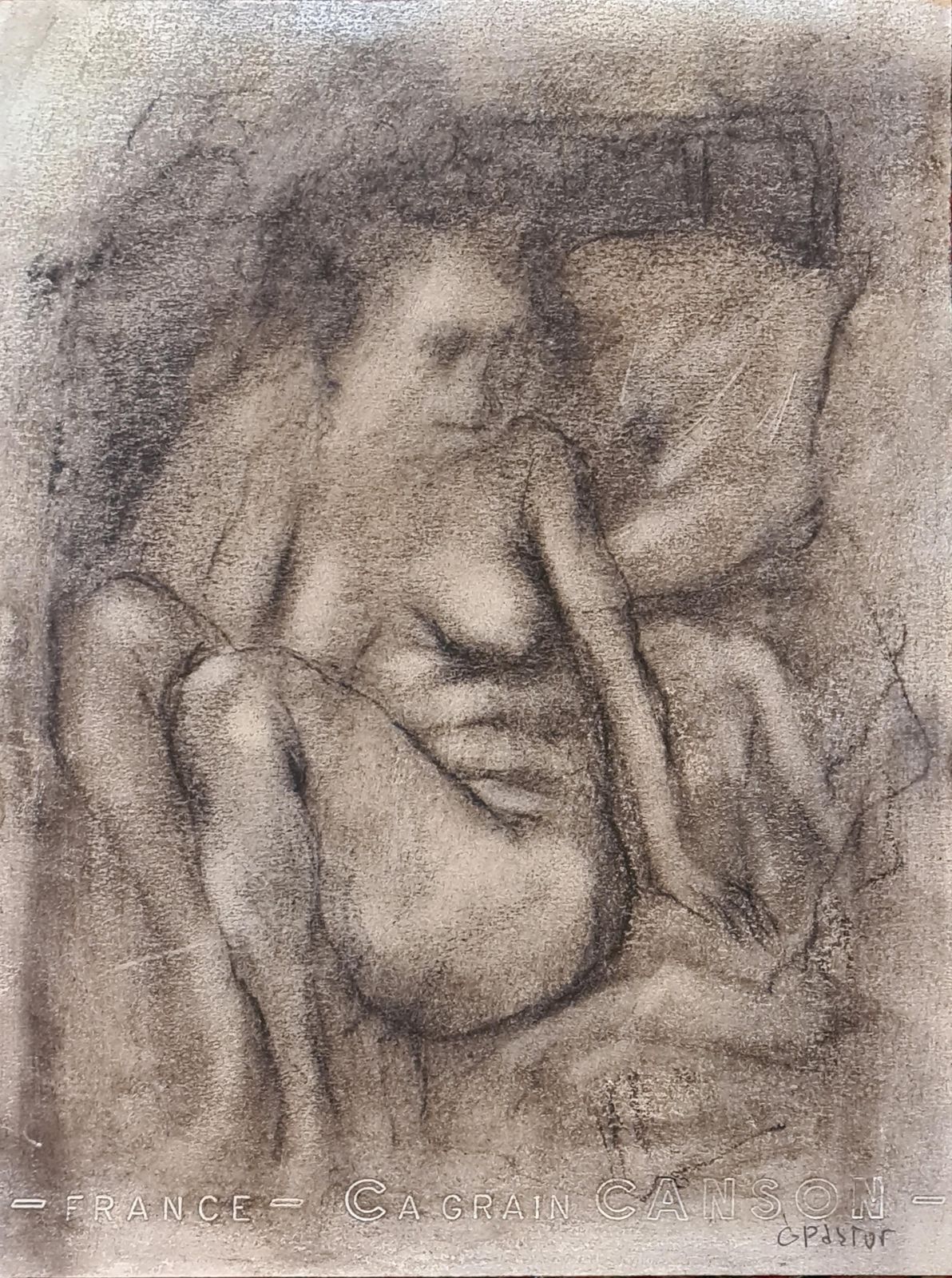 Gilbert Pastorlate 20th Century French Expressionist Crayon On Paper. 'Woman On A Bed'.1980s