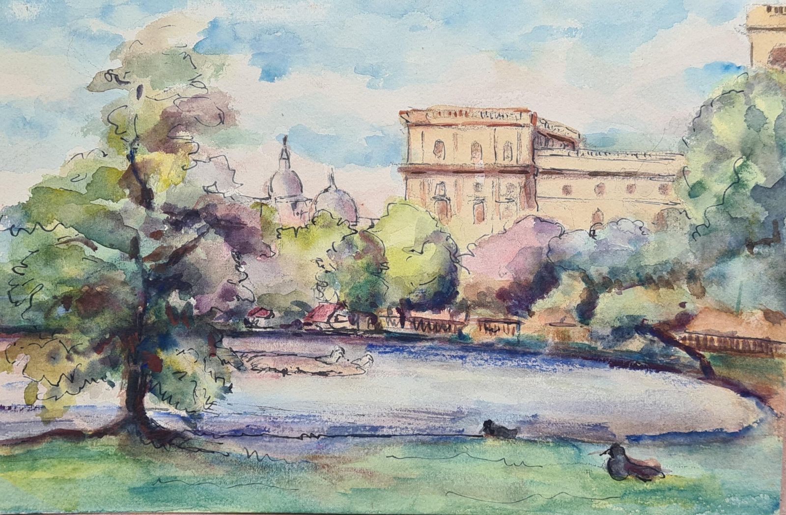 Henri Clamen1930s French Impressionist Watercolour Of Paris, Ducks At The Pond