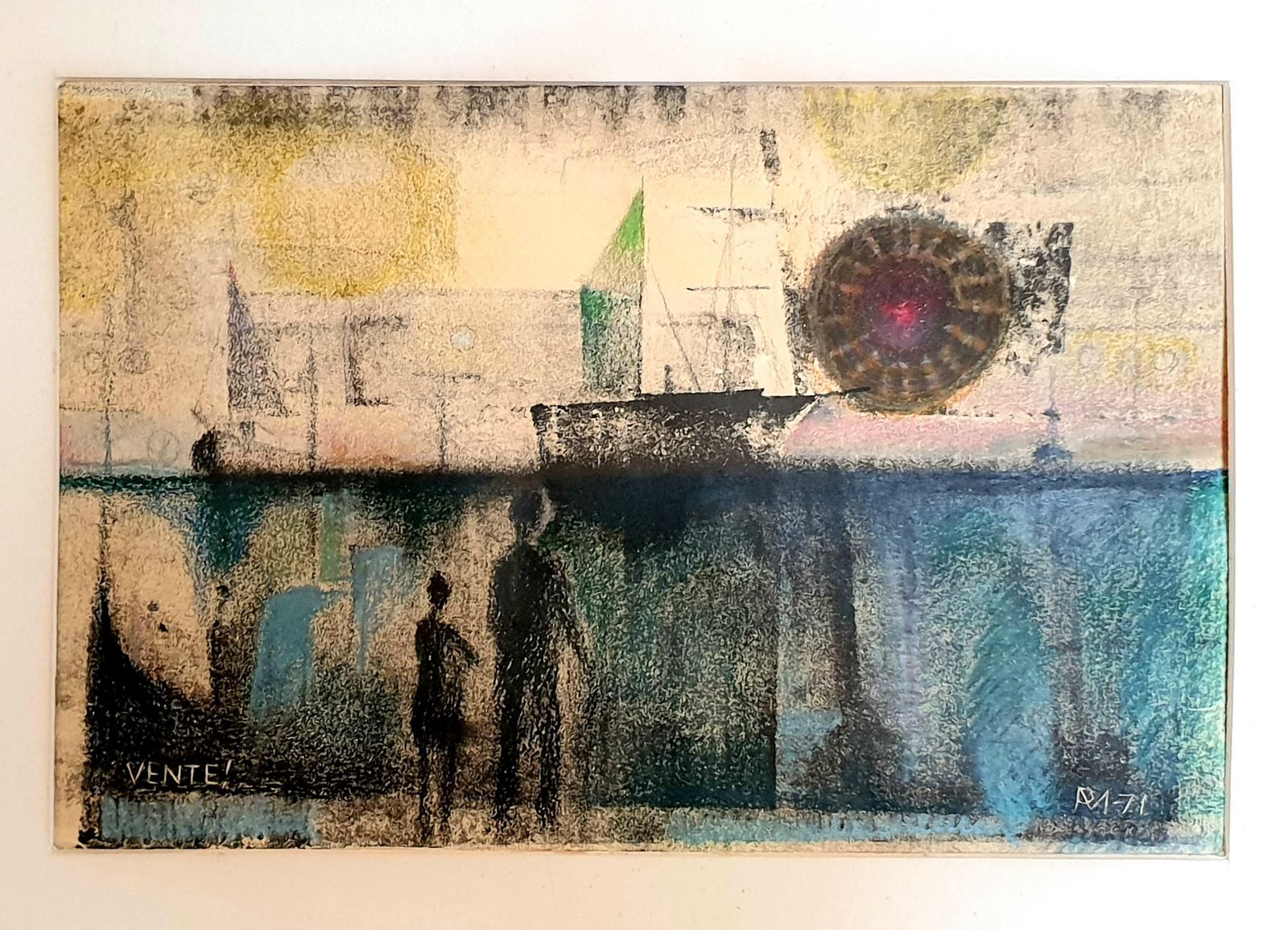 Poul Møllermid Century Danish Surrealist Pastel On Paper. "Sunset Over The Docks".1971 photo furniture