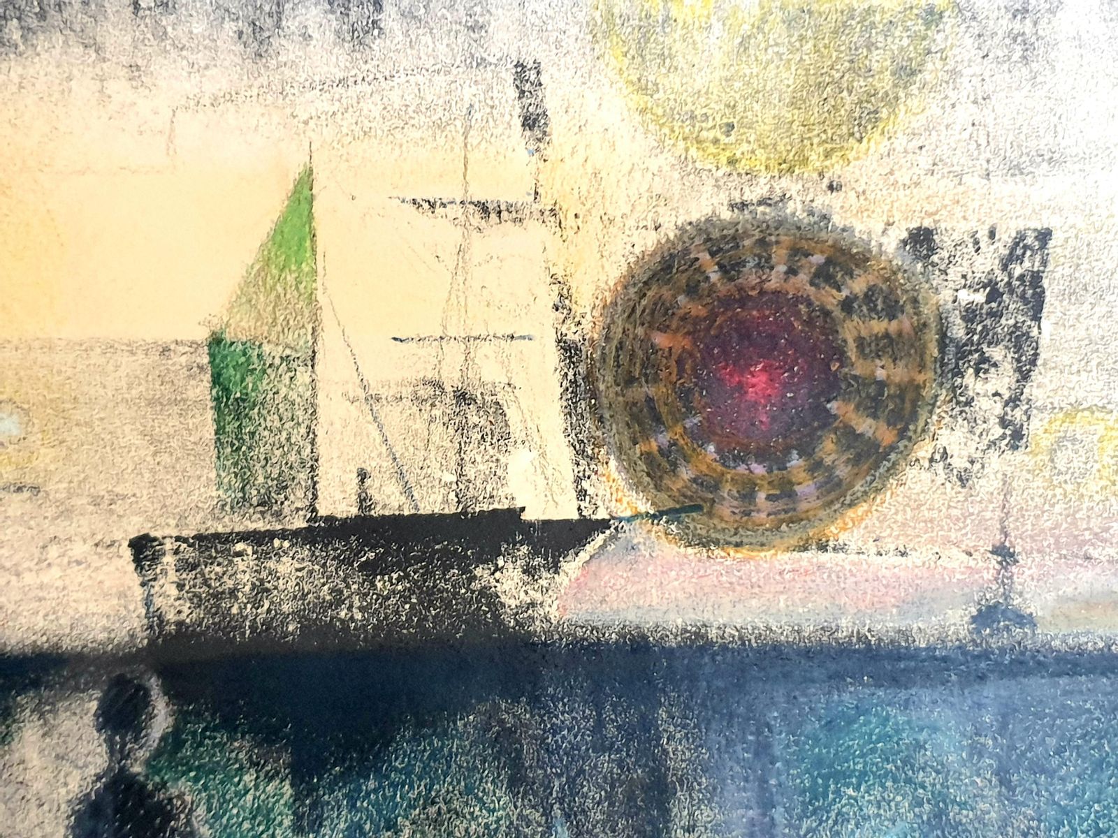 Poul Møllermid Century Danish Surrealist Pastel On Paper. "Sunset Over The Docks".1971 photo 510.0