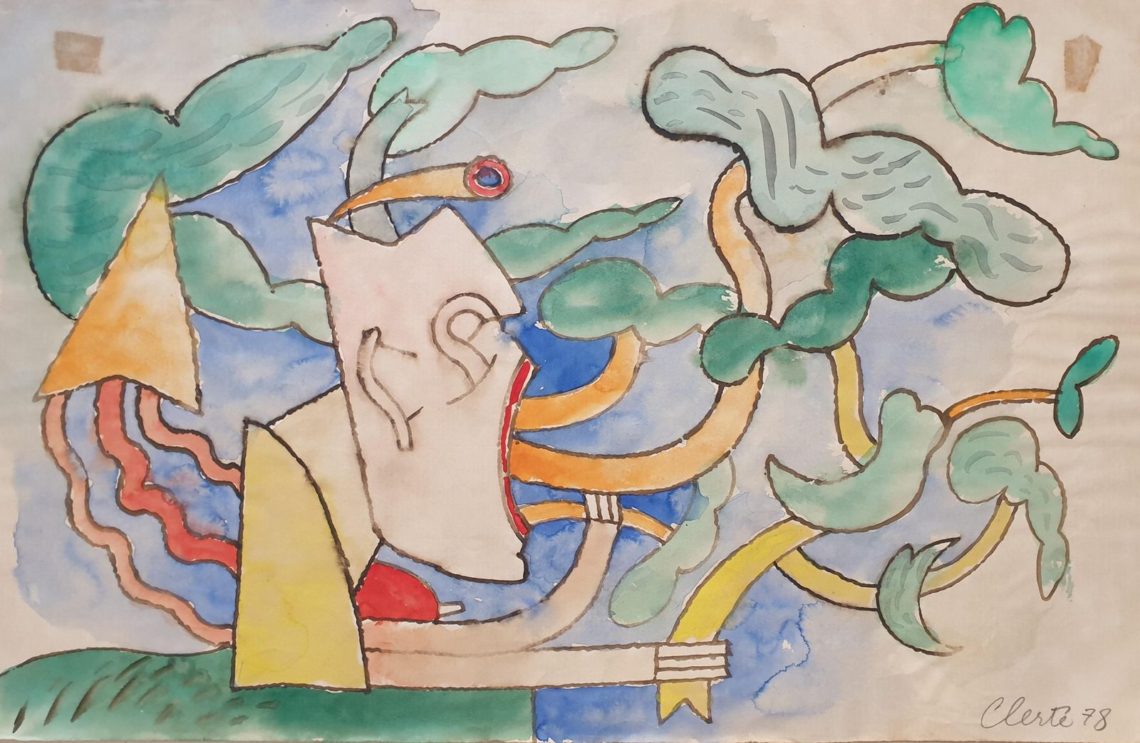 Jean Clerté 'Mother Nature', Lyrical Surrealist Abstract Watercolour On Paper.1978 photo for sale